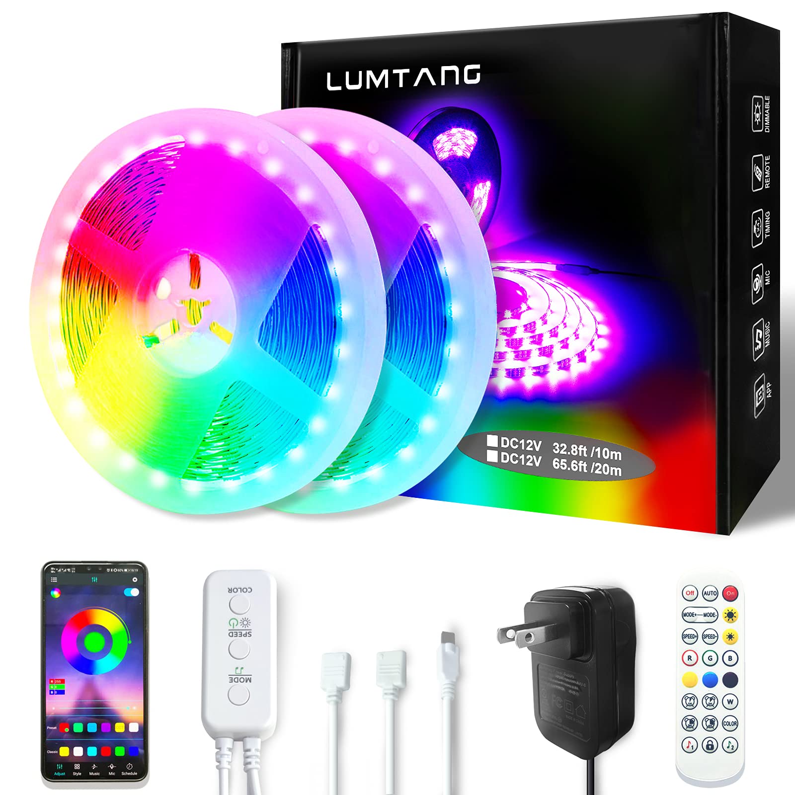 65.6ft Smart LED Strip Lights with App & Bluetooth Control - Color Changing RGB Lights with Music Sync, 24-Key Remote - Perfect for Bedroom, Party & Home Decoration - Create Ambiance for Gaming, Movie Nights & Holiday Lighting