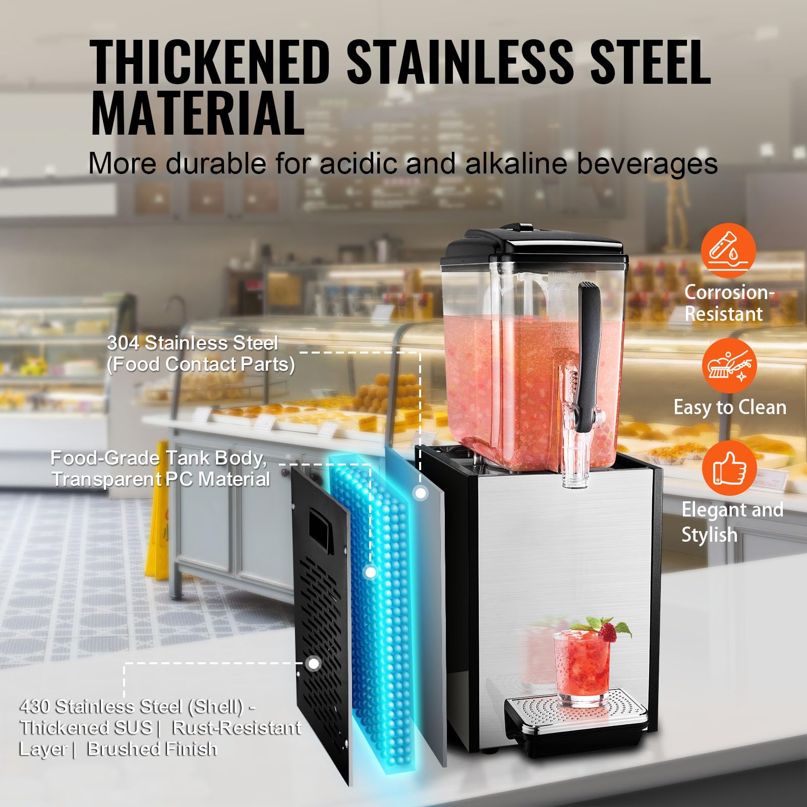 VEVOR 12L (12.7QT) Commercial Beverage Dispenser - 304 Stainless Steel Food Grade Juice & Iced Tea Machine with 45°F-54°F Cooling - Perfect for Restaurants, Bars, Parties & Catering Events - Cold Drink Dispenser for Lemonade, Iced Coffee & Cocktails