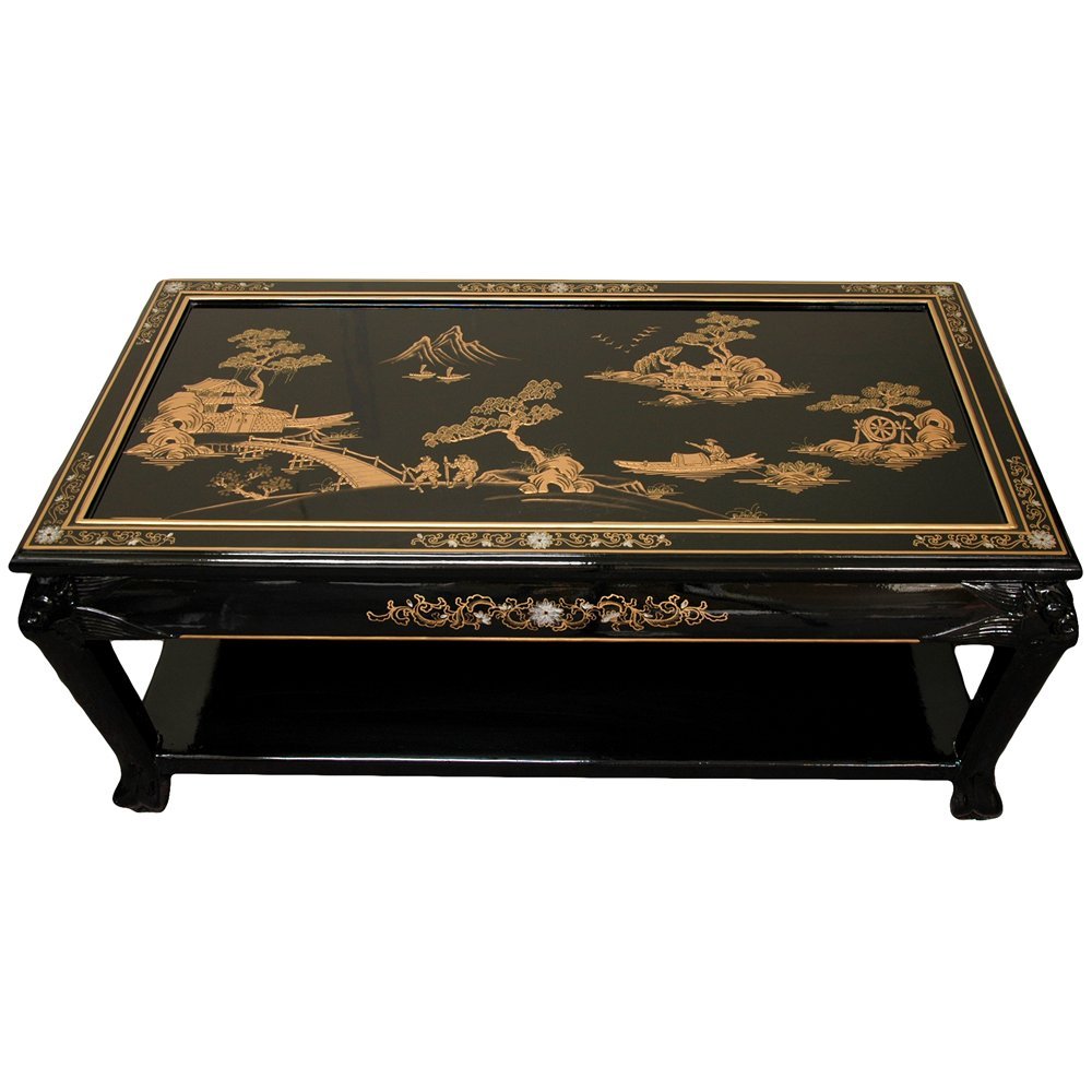 Hand-Painted Red Lacquer Coffee Table - Black Village Landscape for Living Room Decor