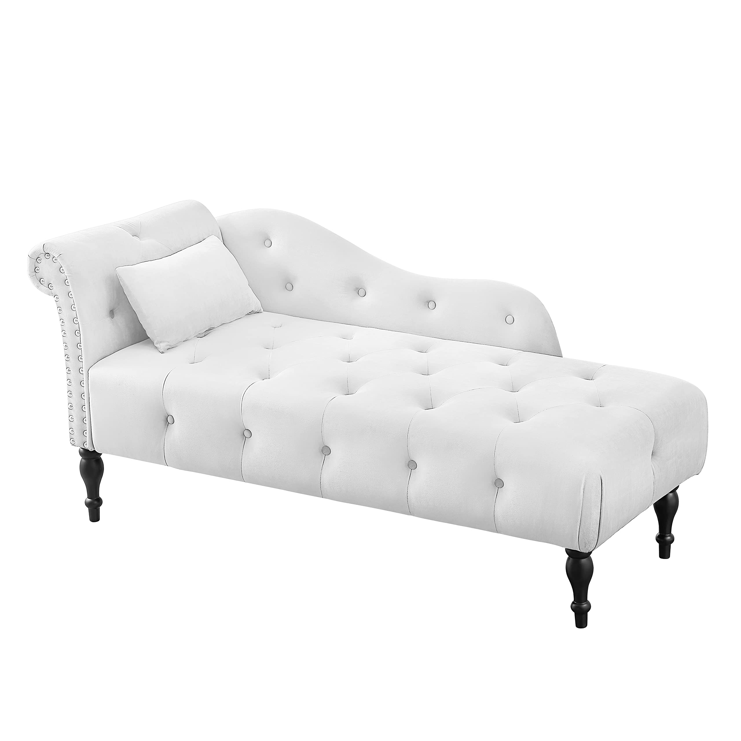 Luxury Velvet Chaise Lounge Sofa Bed - Modern Tufted Button & Nailhead Trim Design with Rolled Left Armrest & Pillow - Perfect for Bedroom, Living Room & Home Office (White)