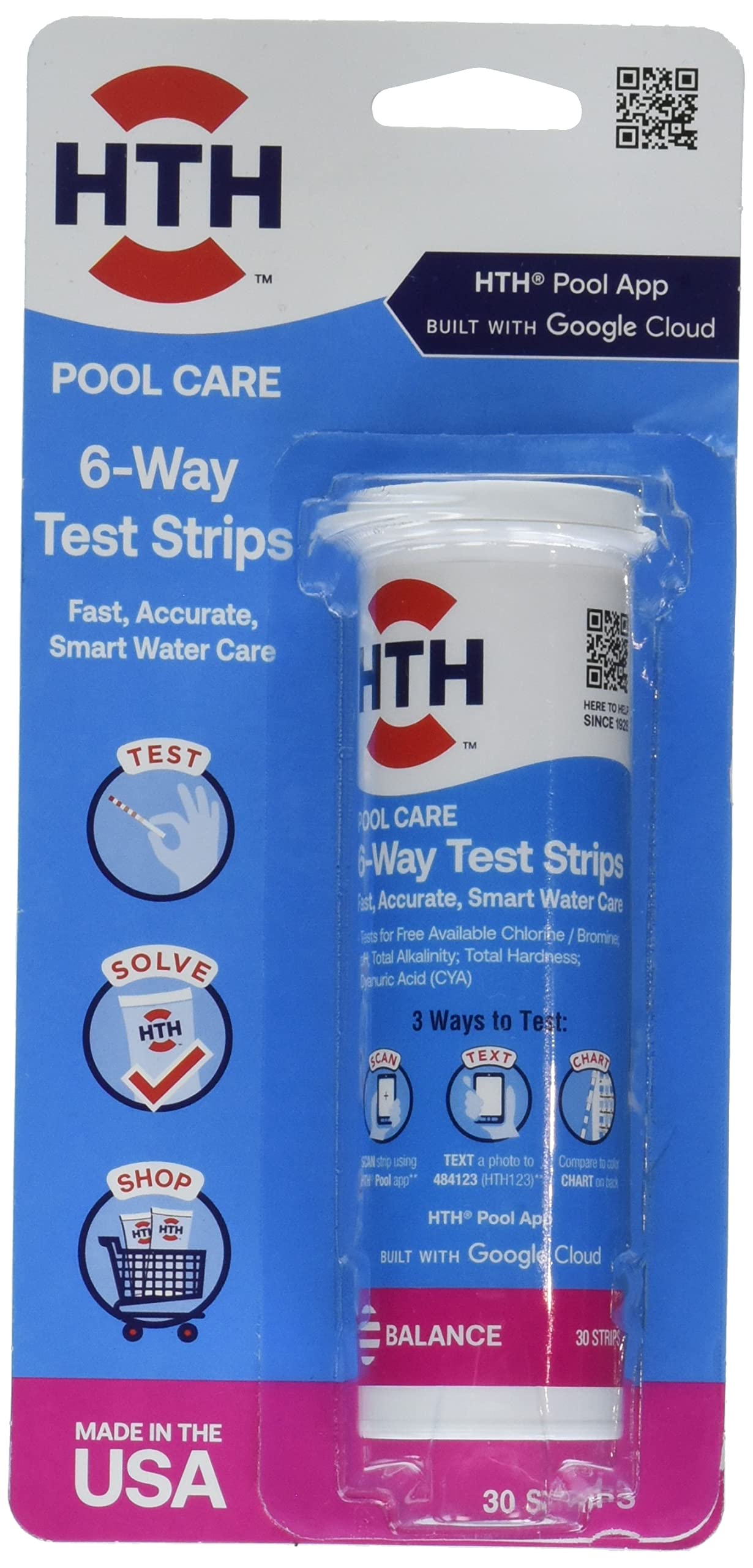 HTH 1276 6-Way Swimming Pool Test Strips - 30 Count | Fast & Accurate Pool Water Chemical Tester for pH, Chlorine, Alkalinity | Perfect for Pool Maintenance & Spa Water Testing