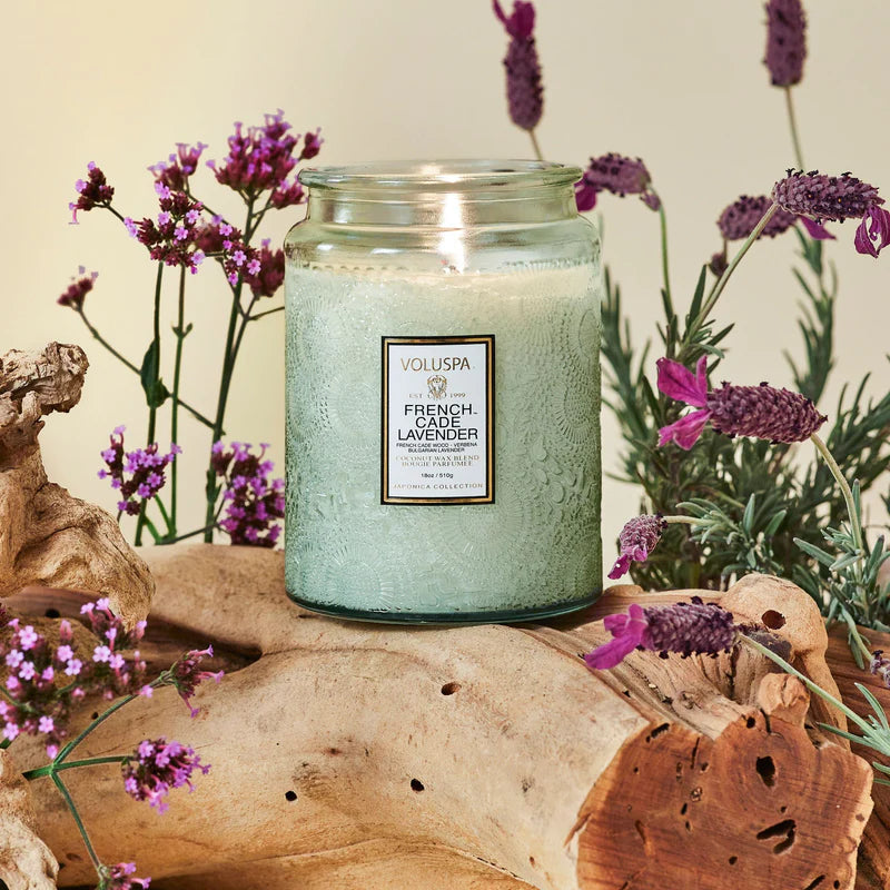 French Cade Lavender Scented Large Embossed Glass Jar Candle - Aromatherapy, Home Decor & Romantic Ambiance for Bedroom, Bathroom or Living Room