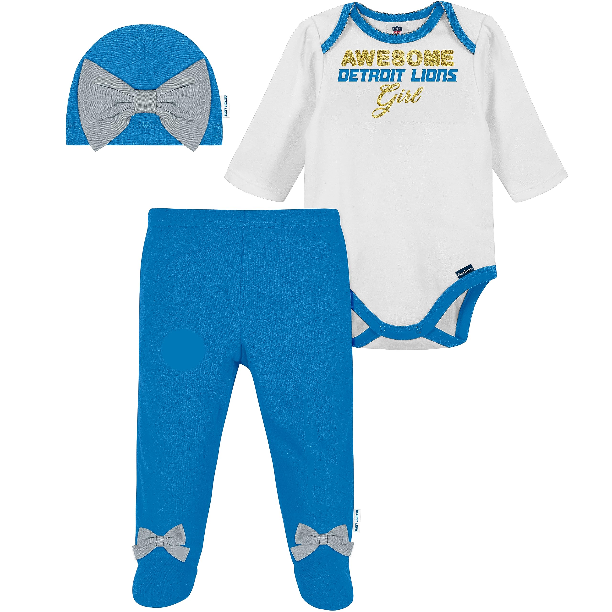 Detroit Lions NFL Baby Girls' 3-Piece Outfit Set - Bodysuit, Footed Pants & Cap (6-9 Months) | Cute Football Fan Outfit for Game Day & Family Photos
