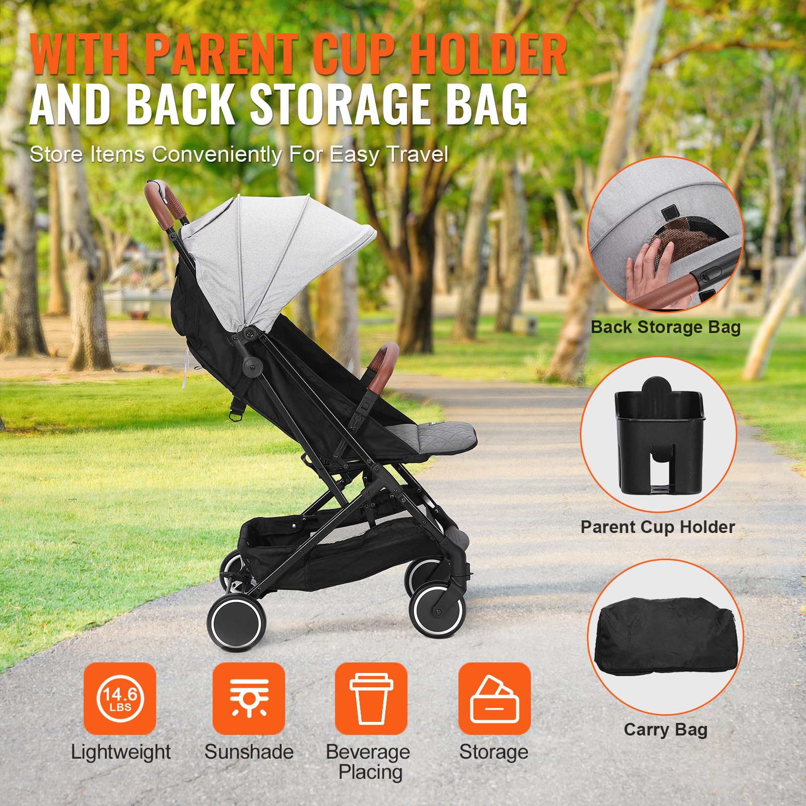 VEVOR Lightweight Baby Stroller with Adjustable Backrest (95°-150°) & Footrest (0°-90°), One-Click Fold, Cup Holder & Carry Bag - Perfect for Newborns & Toddlers - Ideal for Shopping, Travel & Daily Walks (Light Grey)