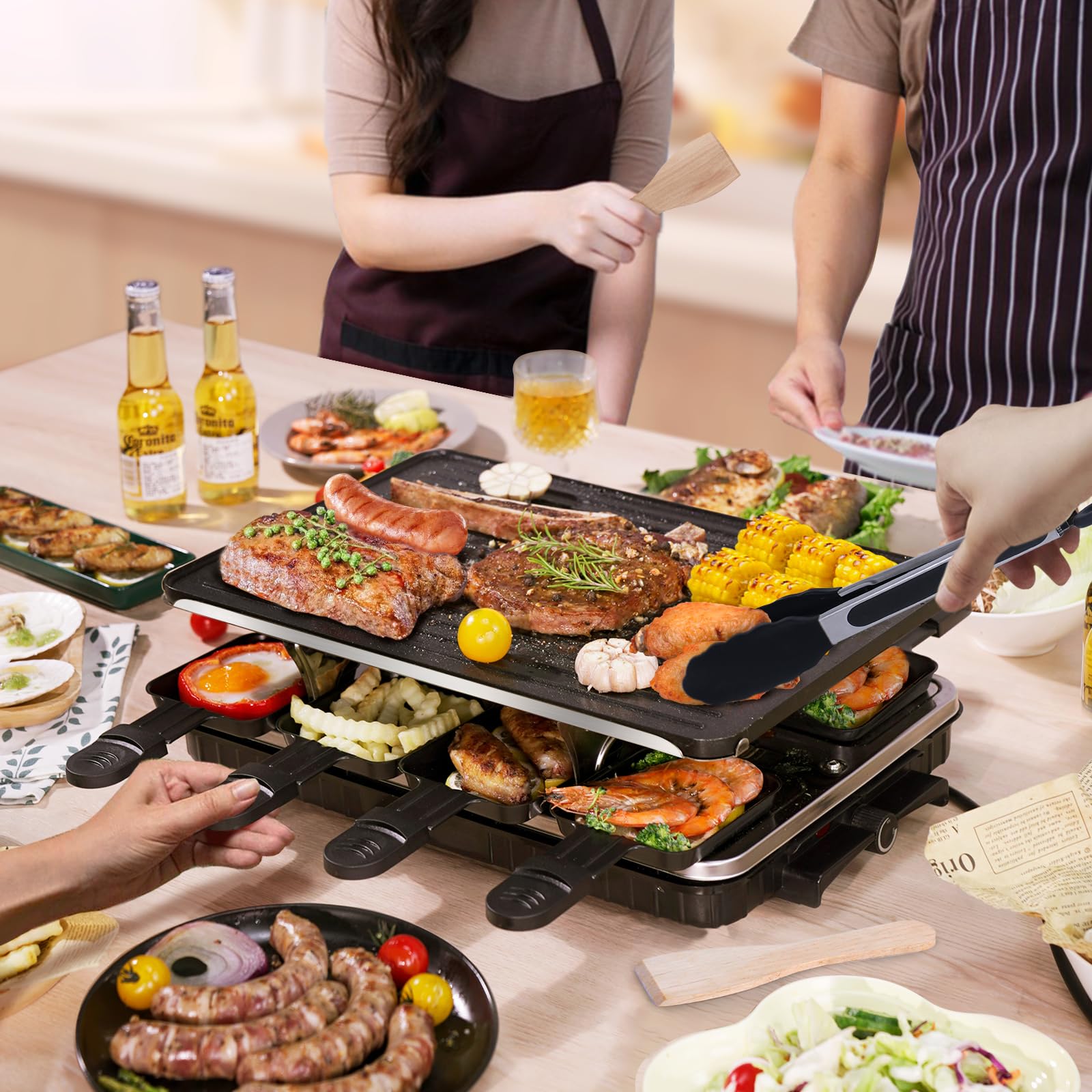 Premium Raclette Table Grill & Korean BBQ Electric Griddle - 2-in-1 Nonstick Indoor Grill with 8 Cheese Pans, Adjustable Temperature (1300W) - Perfect for Family Gatherings, Parties & Home Cooking