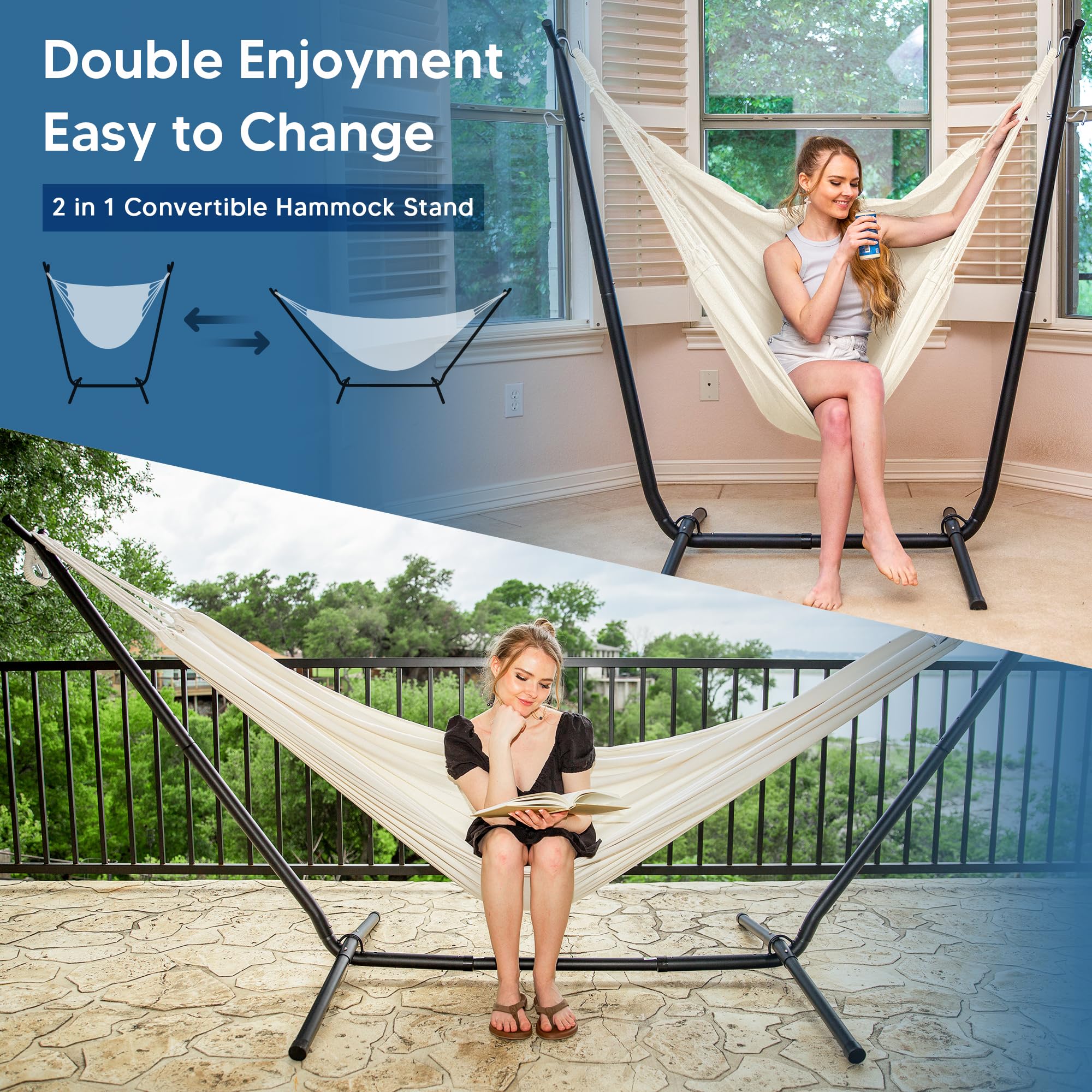 SUNCREAT 2-in-1 Convertible Hammock with Stand - Outdoor Patio Swing Bed & Relaxation Chair - Beige - Perfect for Backyard, Garden, Beach, and Camping