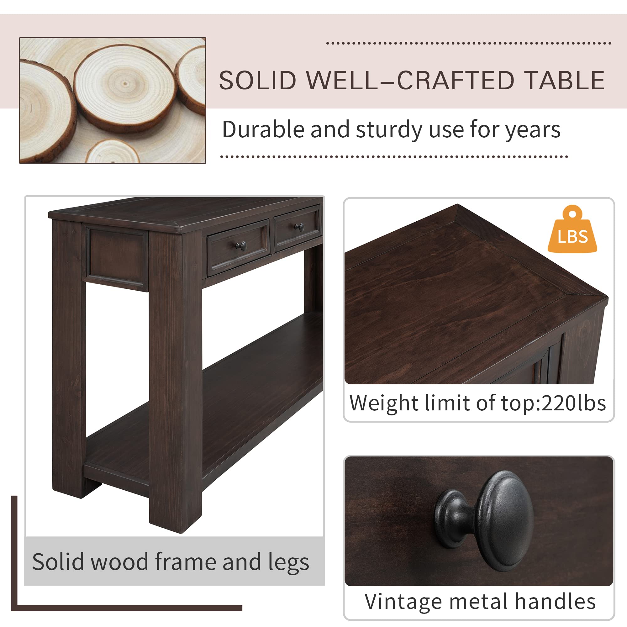 P PURLOVE Espresso Console Table with Storage Drawers & Bottom Shelf - Entryway Hallway Sofa Table for Living Room, Bedroom & Office Decor