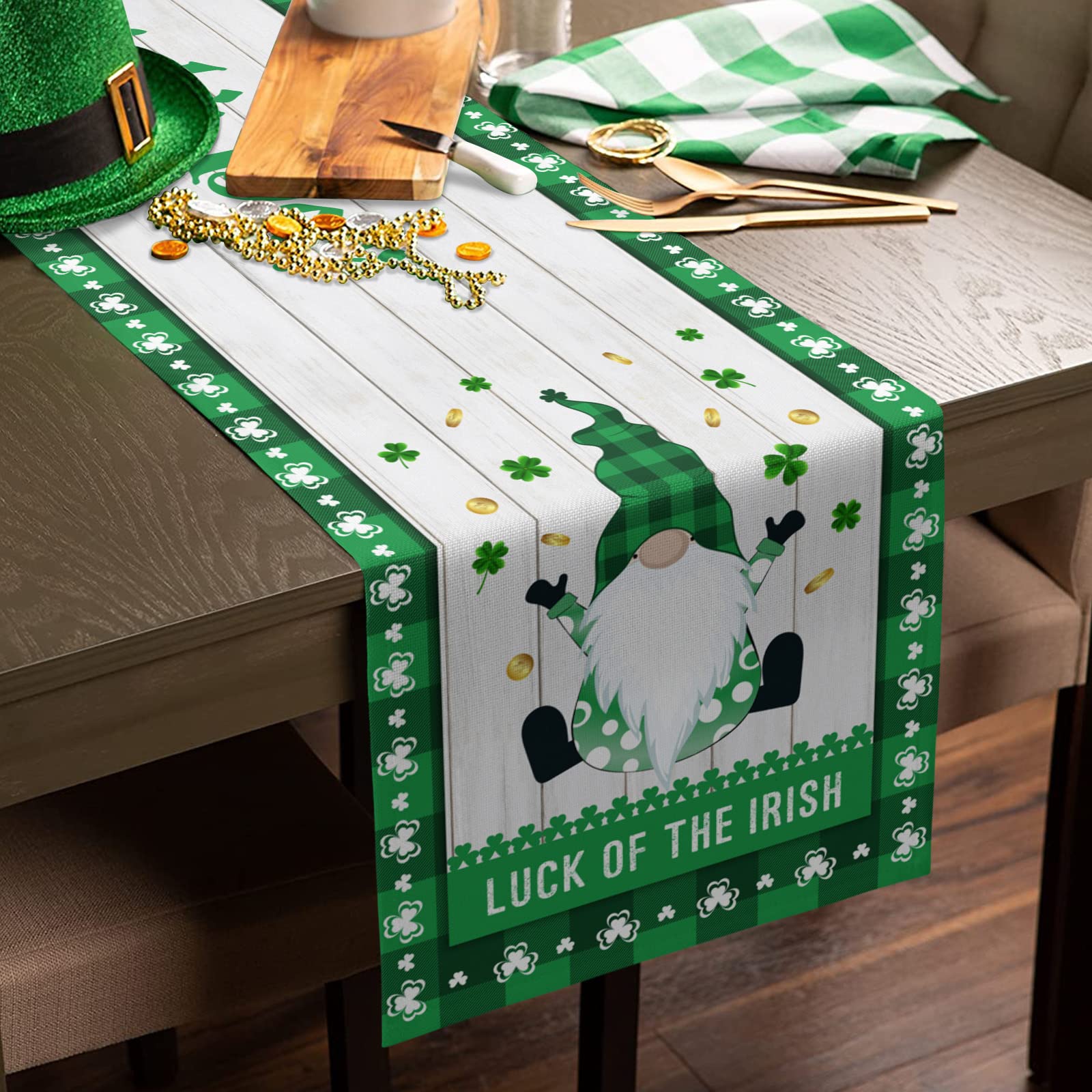 90 Inch Green Plaid Cotton Linen Table Runner with Shamrock Wood Grain Texture - St. Patrick's Day, Wedding & Party Dining Table Decor for Kitchen, Dining Room & Holiday Celebrations