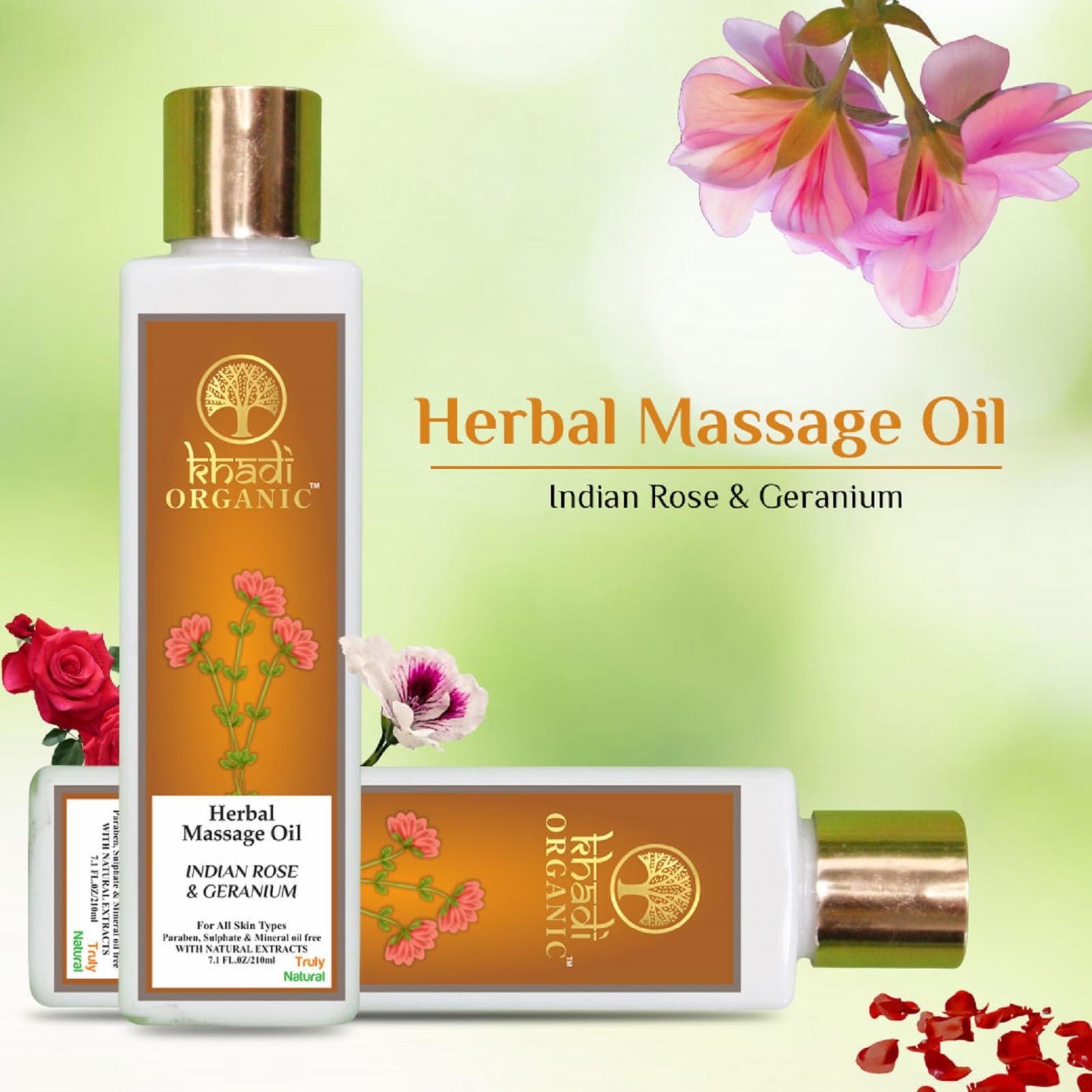 Khadi Organic Rose & Geranium Massage Oil 210ml - Natural Relaxing Body Oil for Skin Care & Stress Relief | Pack of 2 | Perfect for Aromatherapy, Couples Massage & Self-Care Rituals