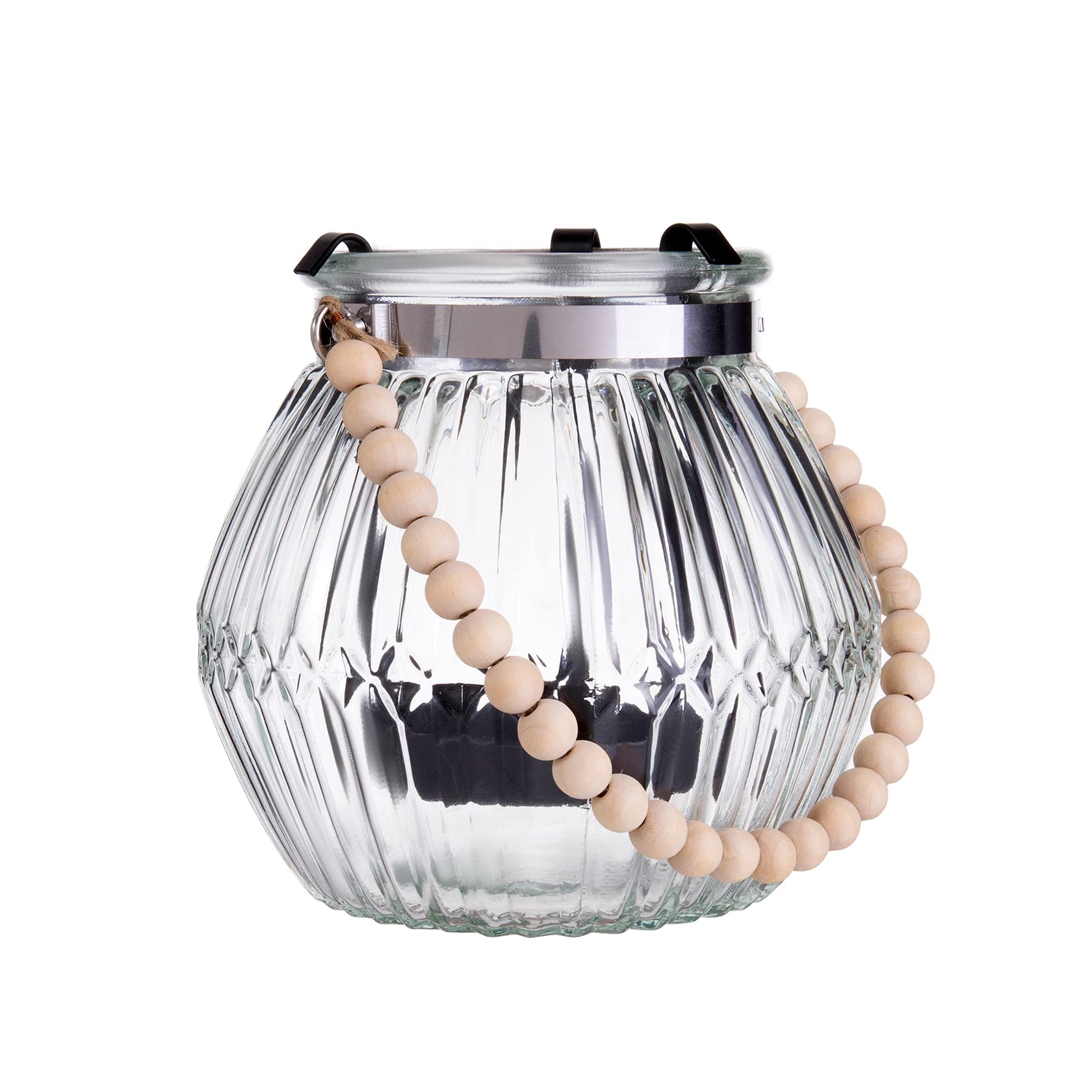 Diamond Star Glass Candle Lantern - Decorative Outdoor Table Lantern with Wooden Bead Handle (Clear) - Perfect for Patio, Garden, Wedding & Home Decor