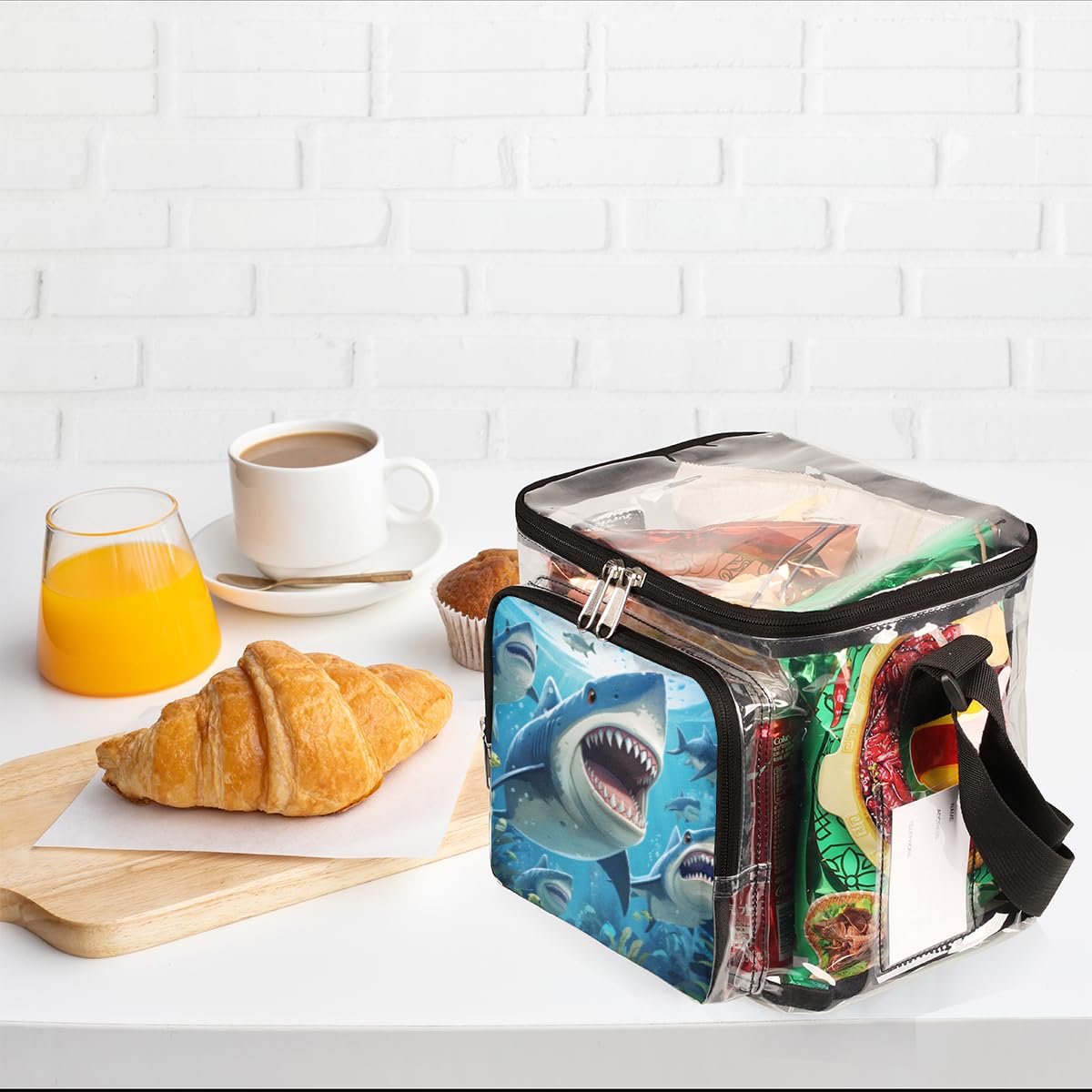 GzLeyigou Clear Shark Tote Bag with Handles - Transparent Crossbody Shoulder Bag for Lunch, Beach, Travel, Picnic, Concerts & Sports Events - Stadium Approved Shark Themed Purse for Women & Teens - Perfect for Outdoor Activities, Theme Parties & Water Park Adventures