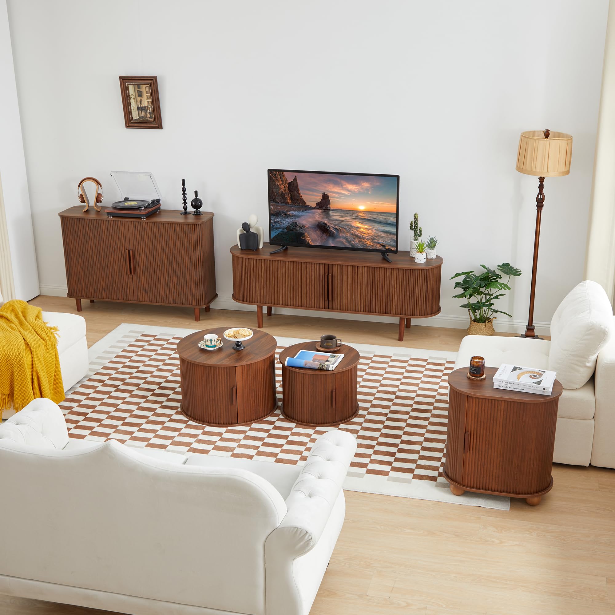 Modern Walnut TV Stand with Storage Compartment & Sliding Doors - Entertainment Center Console Table for Living Room, Bedroom, Office - Perfect for Gaming Setup & Media Organization