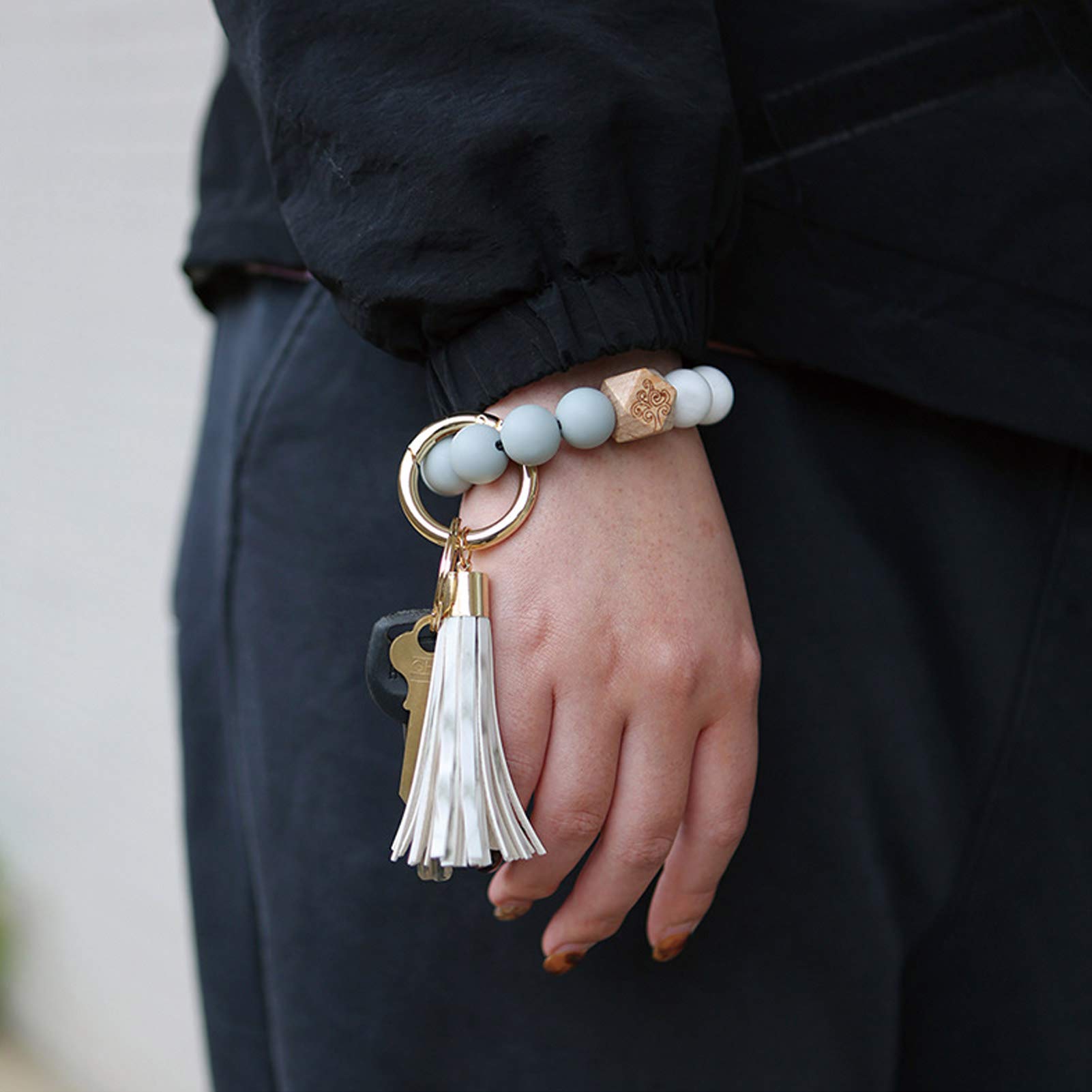 **Durable Silicone Bracelet Keychain with Tassel - Stylish Wristlet for House & Car Keys - Adjustable Bead Bangle Key Holder for Women & Men (Perfect for Gym, Travel, and Everyday Use)**