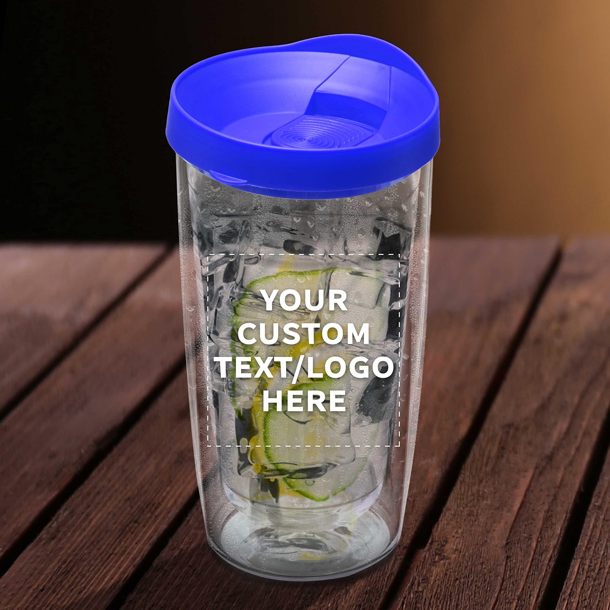 Custom 14 oz Double Wall Plastic Tumblers with Slid-lock Lid - 50 Pack, Personalized Text & Logo - Insulated Travel Coffee Cups for Office, Camping & Outdoor - Blue