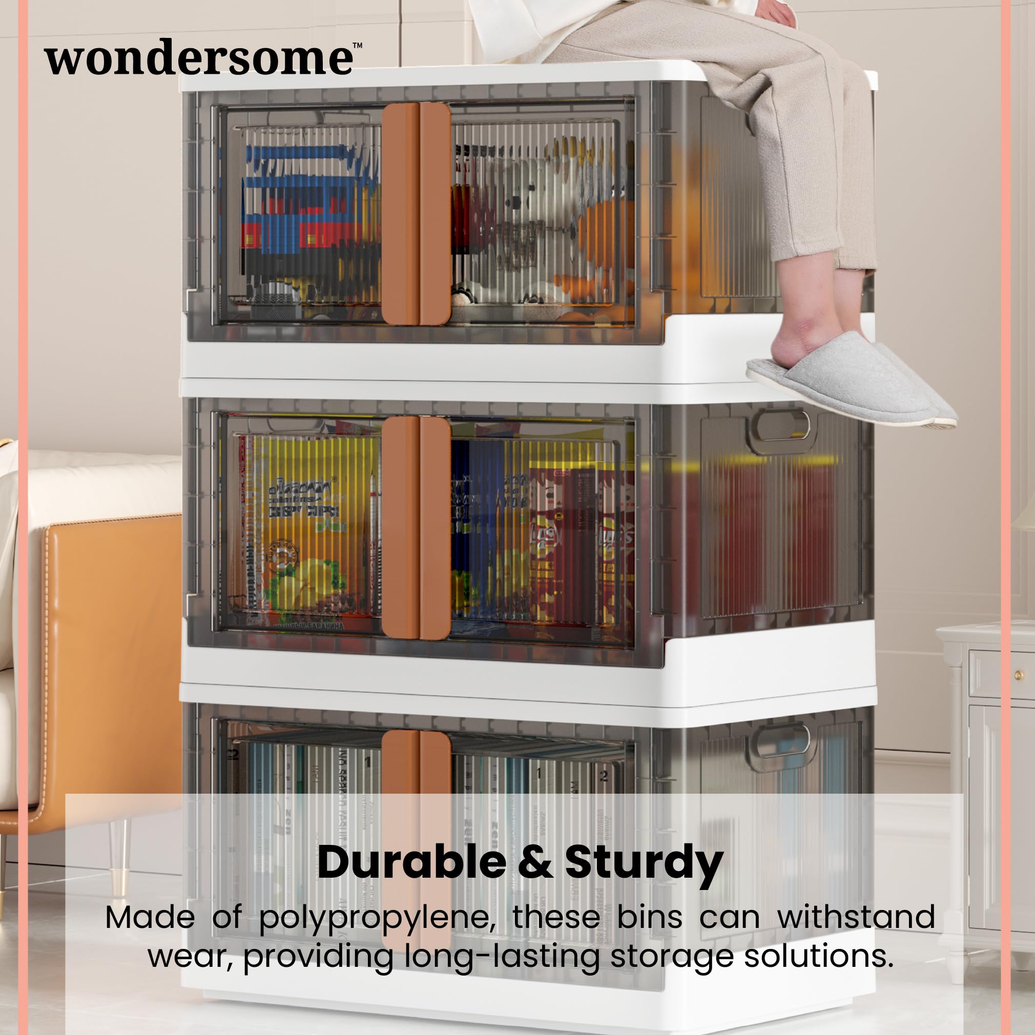 Wondersome Collapsible Storage Bins - 3-Pack Extra Large 19-Gallon/76-Quart Foldable Organizer Bins with Wheels for Clothes, Shoes, Bedroom & Office - Stackable Space Saving Storage Containers - US Brand | Perfect for Closet Organization, Seasonal Storage & Home Decluttering