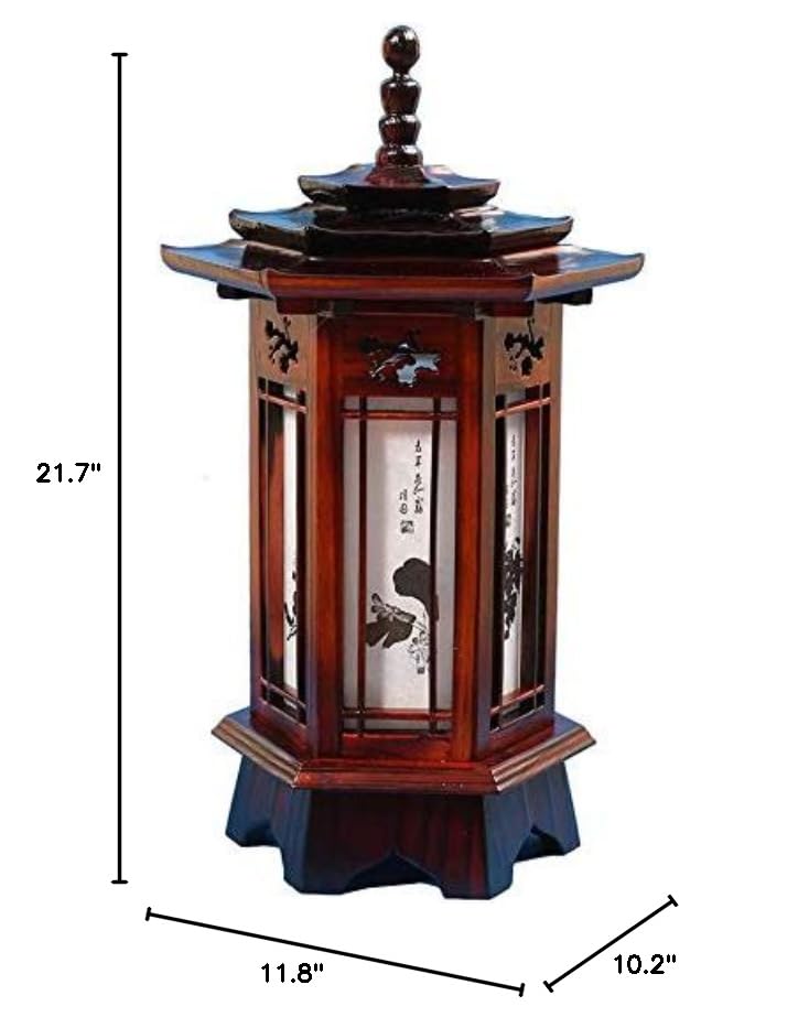 Handmade Antique Korean Hexagonal Carved Wood Lantern - Traditional Pagoda Roof Window Design, Art Deco Brown Table Lamp for Bedroom, Living Room & Asian Home Decor | Perfect as Bedside Accent Light or Oriental Decorative Lighting