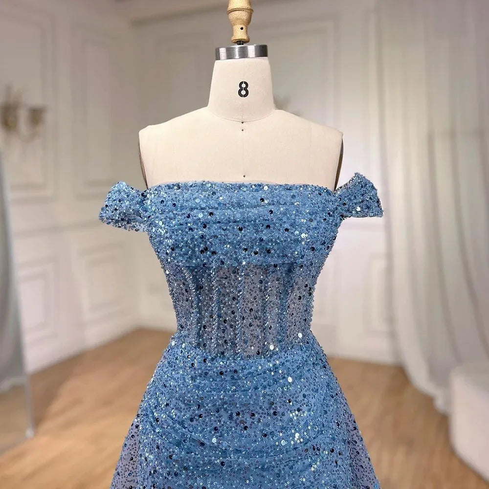 Elegant Blue Mermaid Off-Shoulder Beaded Sequined Evening Gown with Overskirt for Women - Perfect for Prom, Party & Formal Events 2025 (LA72204)