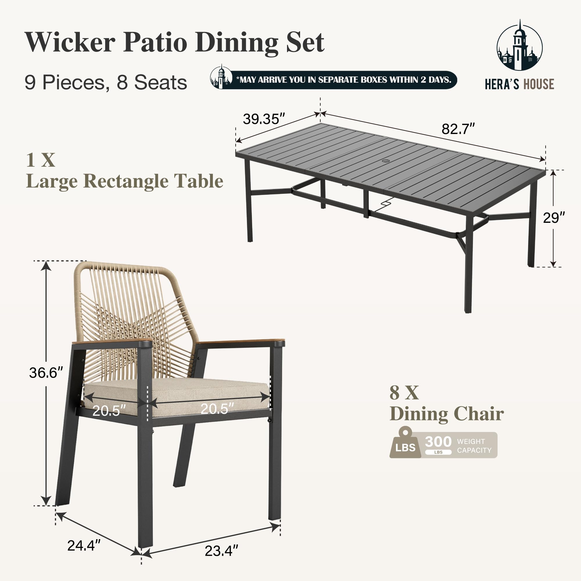 HERA'S HOUSE 9-Piece Outdoor Dining Set - 8 Cushioned Rattan Chairs & 83
