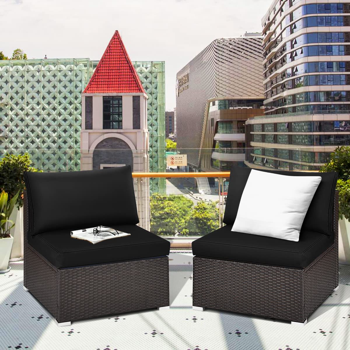Tangkula 2-Piece Outdoor Wicker Armless Sofa Set with Thick Cushions - Patio Rattan Sectional Furniture for Garden, Balcony & Poolside (Brown) | Perfect for Relaxing, Entertaining & Sunbathing