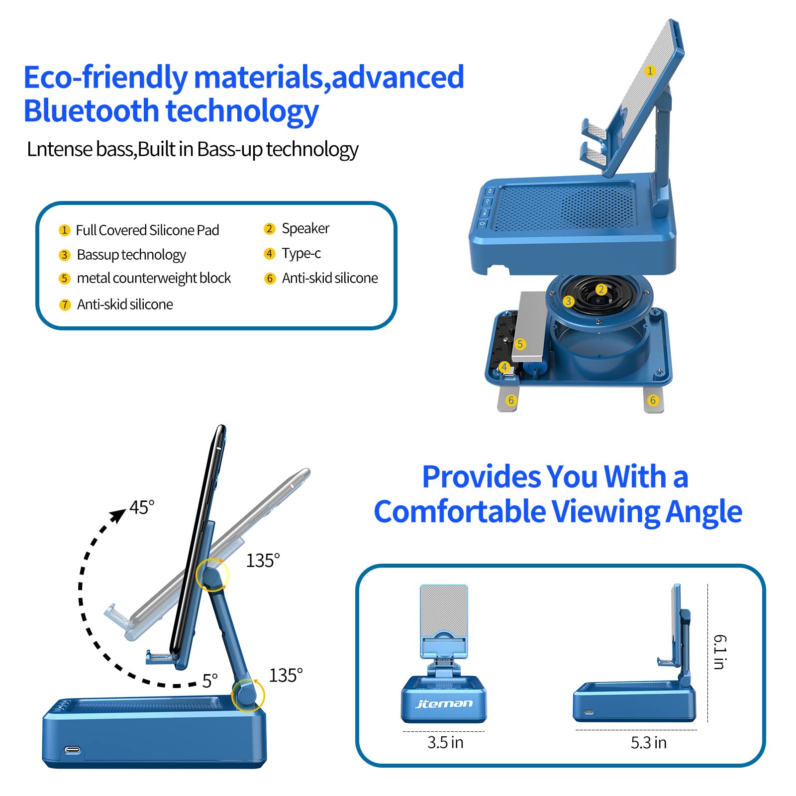 JTEMAN Wireless Bluetooth Speaker with Phone Stand - HD Surround Sound, Portable Desktop Speaker for iPhone, iPad, Samsung Galaxy (Blue) | Perfect for Home, Office, Kitchen & Gift Giving