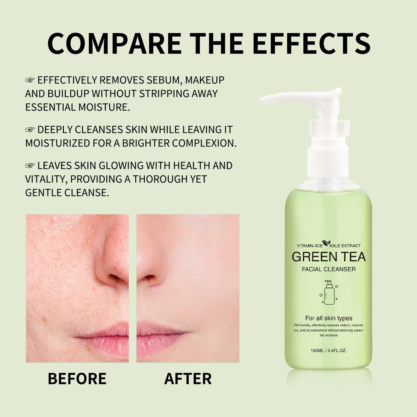Natural Vegan Green Tea & Kale Facial Cleanser - Gentle Moisturizing Daily Face Wash for Deep Cleansing, Makeup Removal & Pore Minimizing | Perfect for Sensitive Skin & Daily Skincare Routine (1pc)