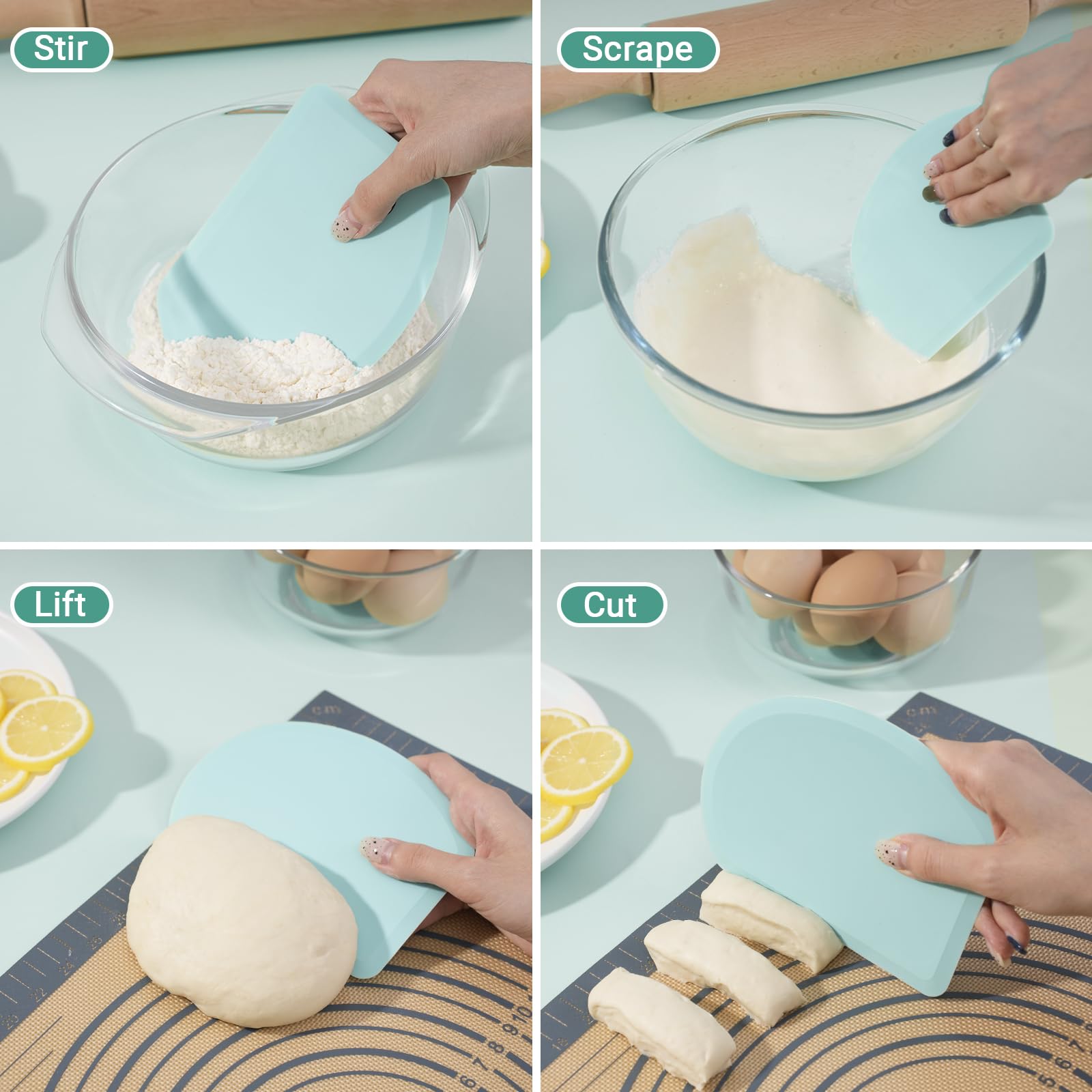 Premium Silicone Dough Scraper with Stainless Steel Core - Flexible Baking Bowl Scraper Set of 2 (Blue & Mint Green) - Food Grade Kitchen Tool for Sourdough Bread, Pastry Making & Cookie Dough - Ideal for Bakers & Home Cooks