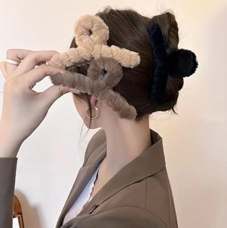 Elegant Faux Furry Acrylic Hair Claw Clips for Women - 2 Pack | Soft Plush Hair Accessories for Ponytails, Buns & Everyday Styling