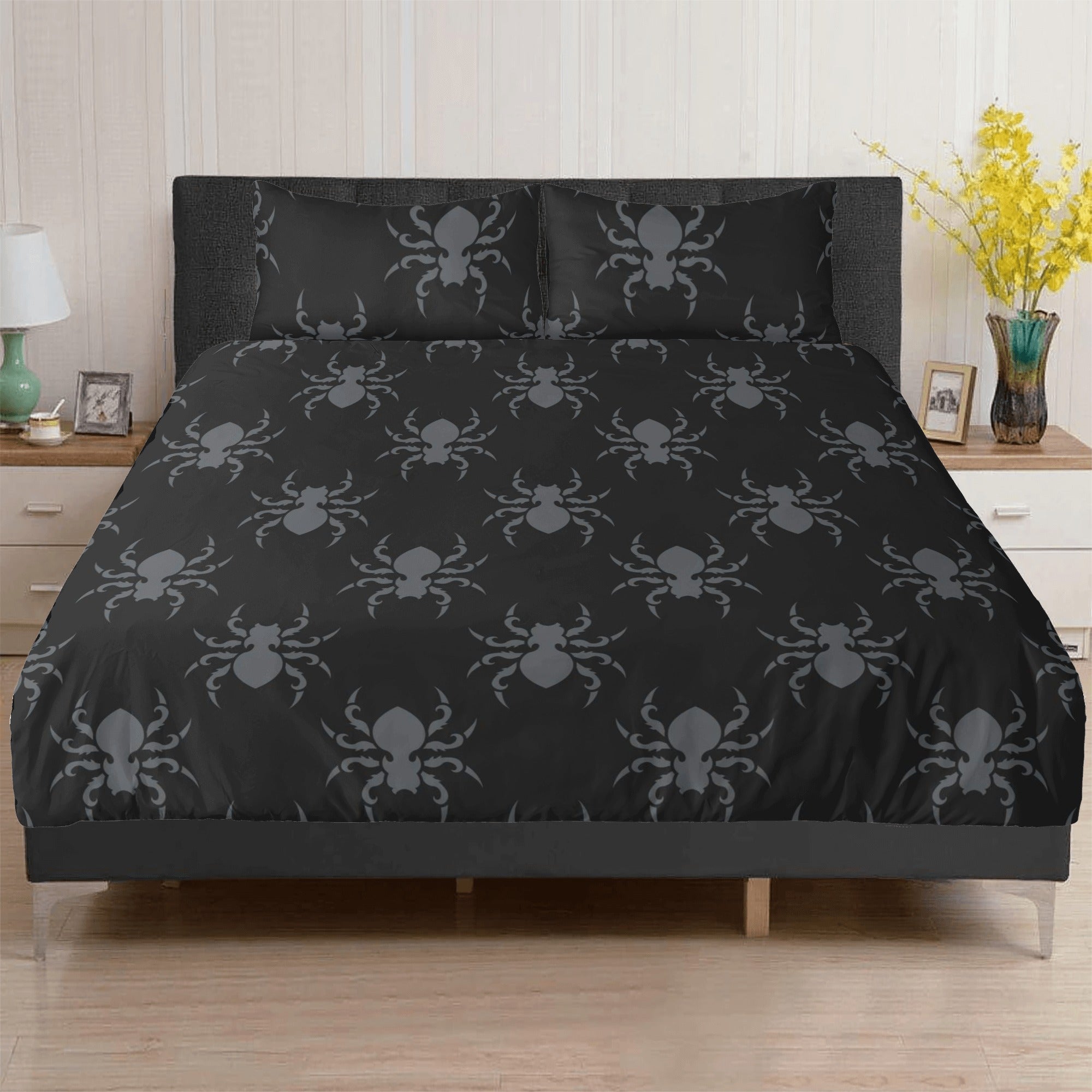 Goth Spider 3-Piece Bedding Set - Black Gothic Spiderweb Comforter, Pillowcases & Sheet for Halloween Decor, Horror Theme Bedroom, or Alternative Aesthetic Lovers