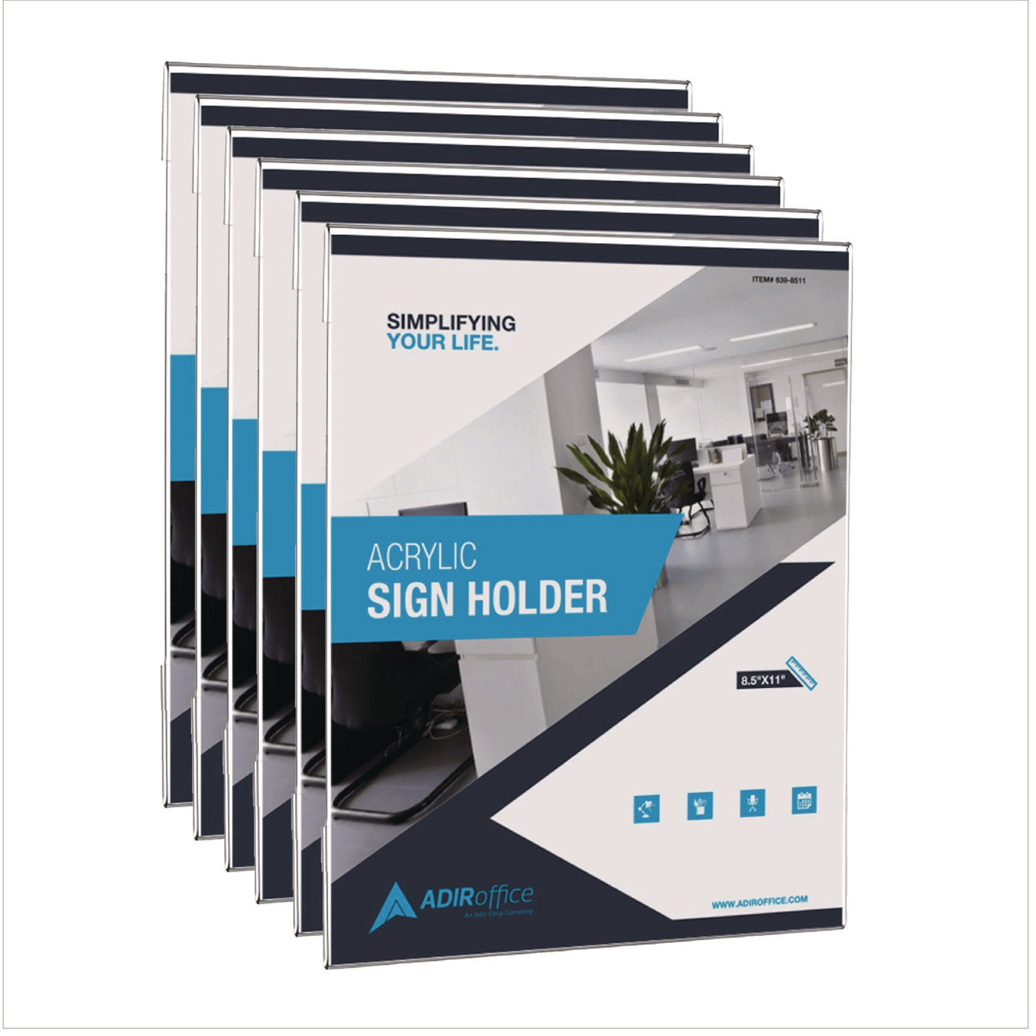 AdirOffice Wall Mount Side Loading Acrylic Sign Holders - 8 x 11 Inches Clear Plastic Frames - Set of 6 for Retail Stores, Restaurants, and Office Displays