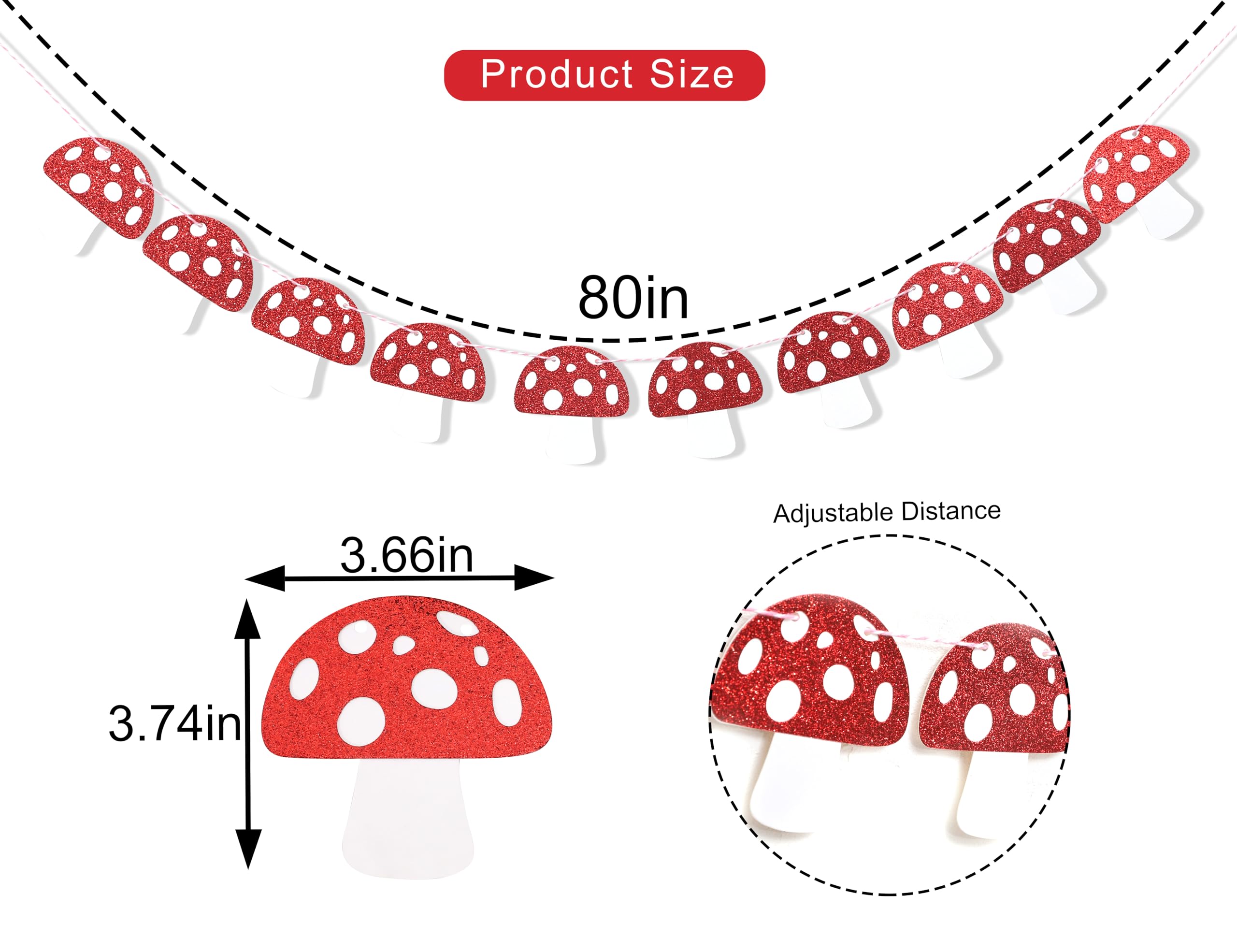 Red Glitter Mushroom Garland - Woodland Party Decorations, Fairy Birthday Banner, Mushroom Theme Party Supplies for Forest Themed Events, Baby Showers & Boho Home Decor