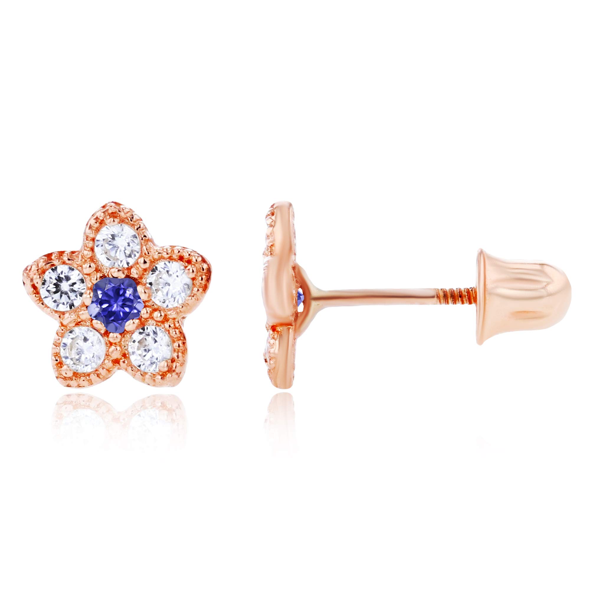 14K Gold Floral Stud Earrings for Women - 6mm Flower Design with 1.75mm Natural Birthstone & Screw Back Closure | Elegant Milgrain Detailing with White Sapphire | Perfect for Weddings, Anniversaries, Birthday Gifts & Everyday Wear