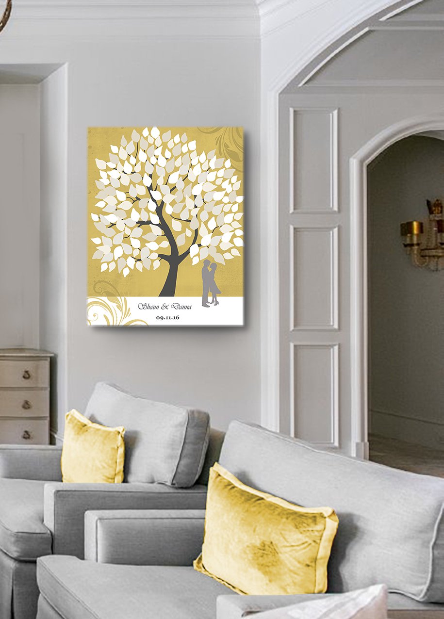 Personalized His & Hers Canvas Wall Art - Custom Couples Tree with Names & Date - Romantic Wedding Anniversary Gift for Newlyweds, Housewarming, Milestone - Gold Frame 30