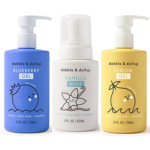 Dabble & Dollop Hanukkah Gift Box - 3-Pack Natural Kids Bubble Bath, Shampoo & Body Wash Set | USA-Made, Vegan, Tear-Free | Blueberry, Vanilla & Lemon Scented | Paraben & Sulfate Free, Gluten-Free | Perfect for Holiday Gifts, Birthday Presents & Self-Care Routines
