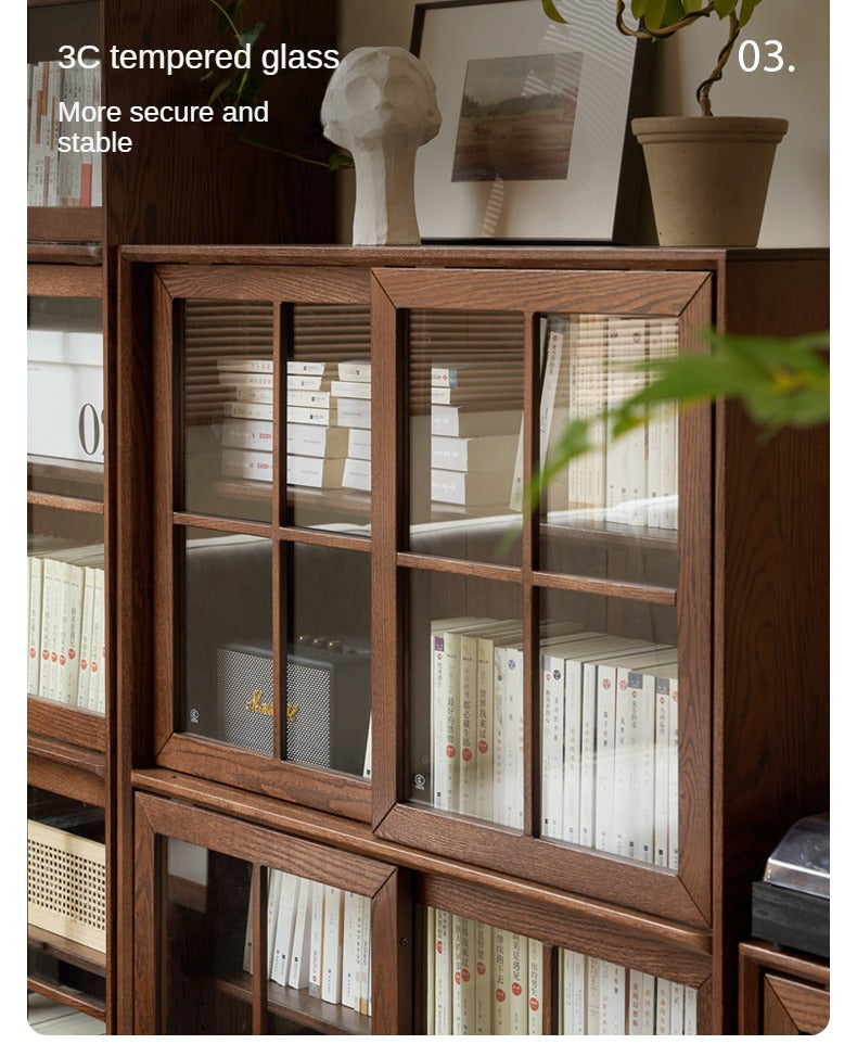 Solid Oak Wood Sliding Door Bookcase - Rustic Bookshelf for Living Room, Bedroom, or Home Office Storage