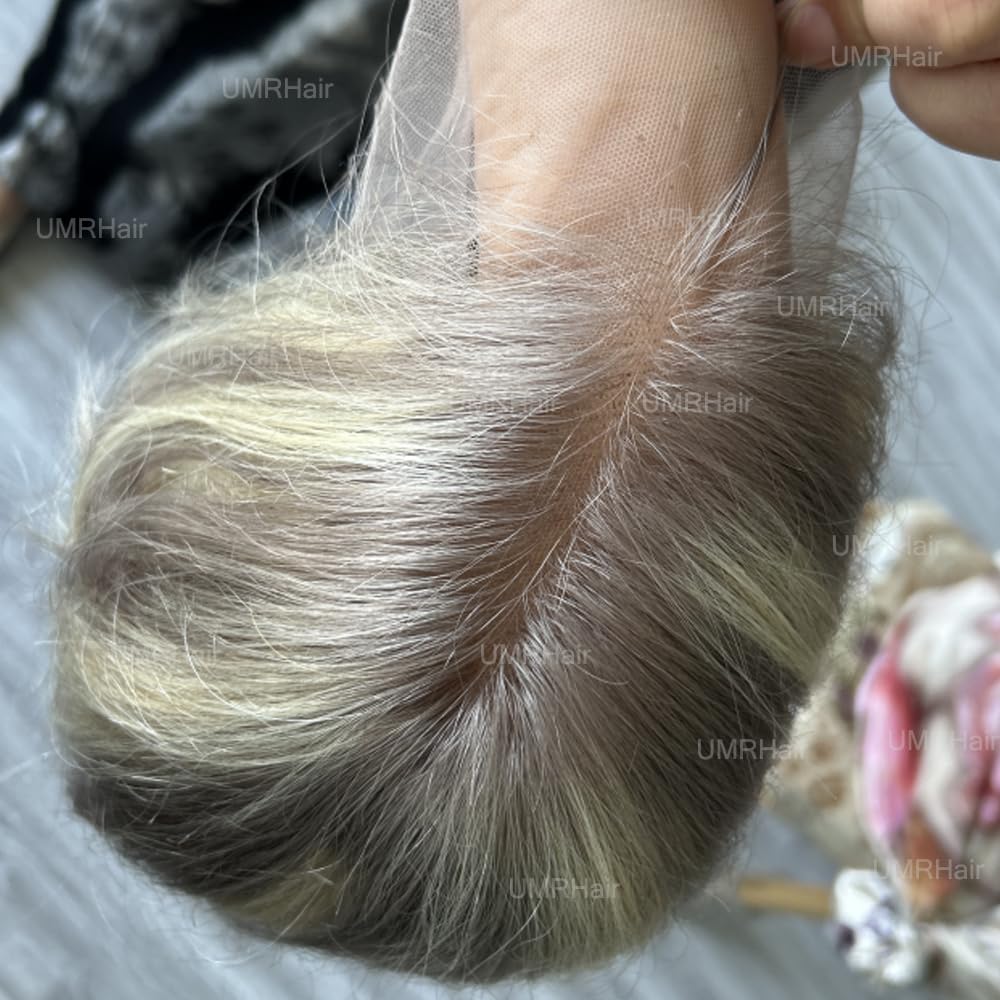 Platinum Blonde Short Bob Human Hair Wig with Purple Grey Highlights - Lace Front Wig for Women with Bangs & Baby Hair | Pre-Plucked 150 Density 12 Inch | Perfect for Cosplay, Parties & Daily Wear