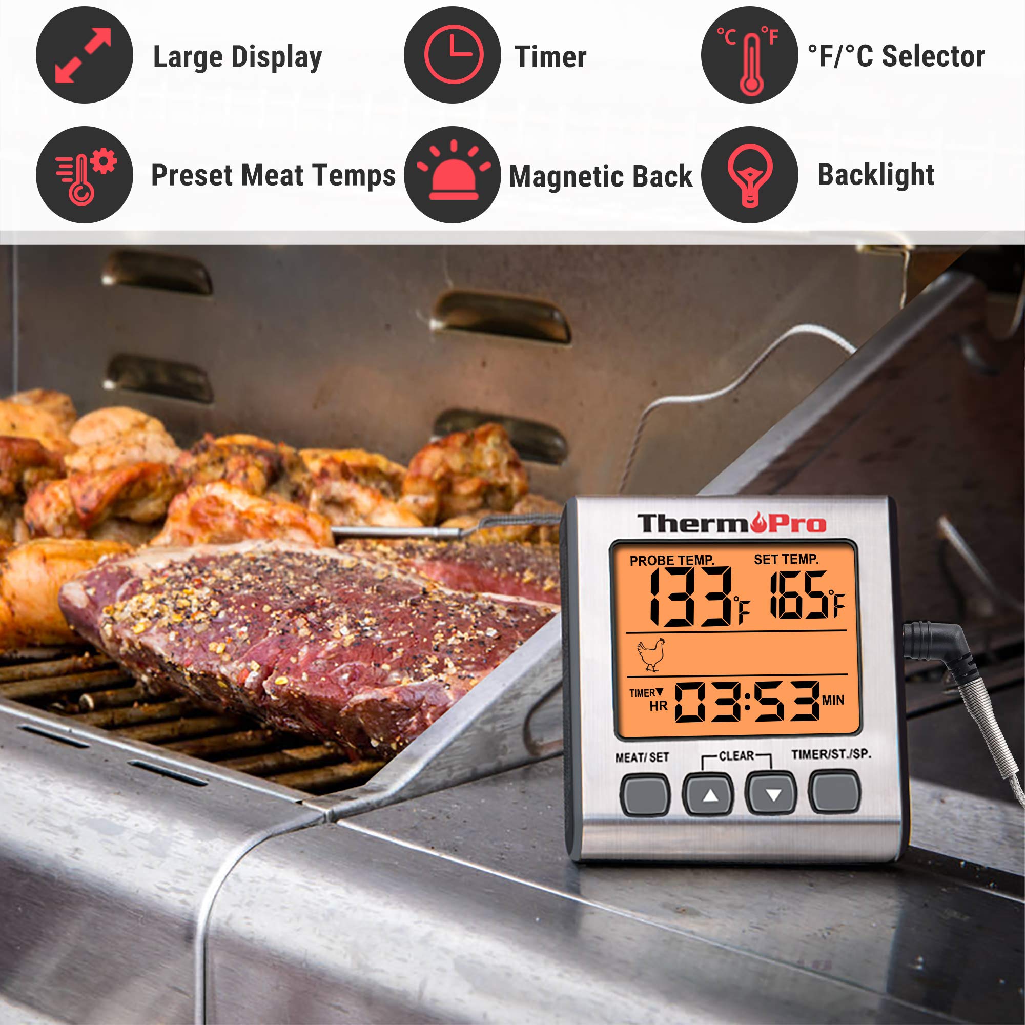 ThermoPro TP16S Digital Meat Thermometer for Grilling & BBQ - Smart Timer Mode & Backlight - Perfect for Cooking, Smoking, and Outdoor Cooking