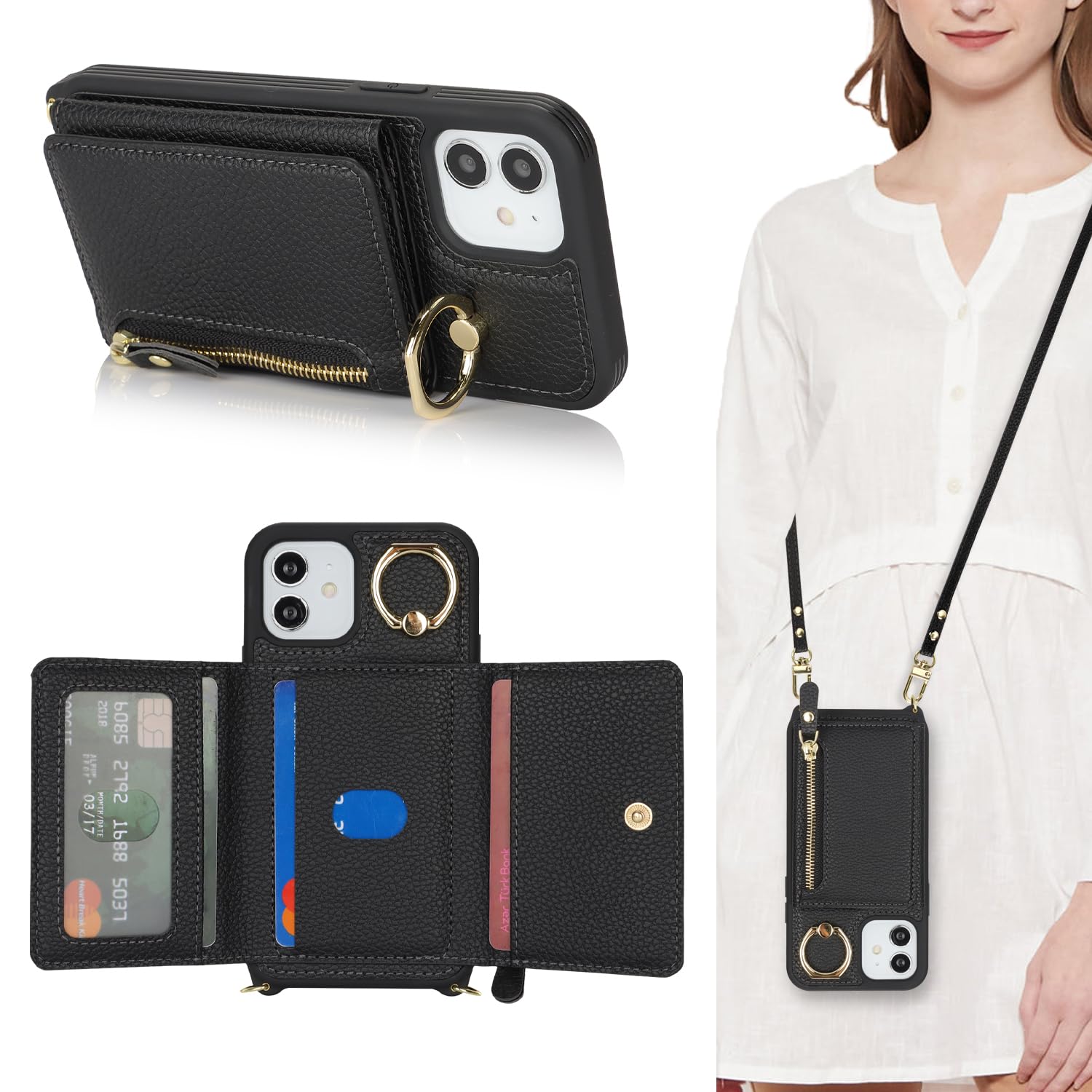 Premium Leather iPhone 12/12 Pro Wallet Case with Card Holder, Crossbody Strap & Stand Ring - Black | Slim Protective Phone Cover with Zipper Pocket for Women & Men | Perfect for Travel, Shopping & Everyday Use