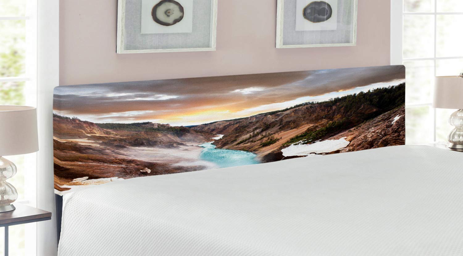 Ambesonne Yellowstone Headboard - King Size Upholstered Metal Bed Frame with Memory Foam, Brown Canyon Landscape with Dramatic Sunset Sky | Perfect for Bedroom Decor, Guest Rooms & Western Theme Interiors