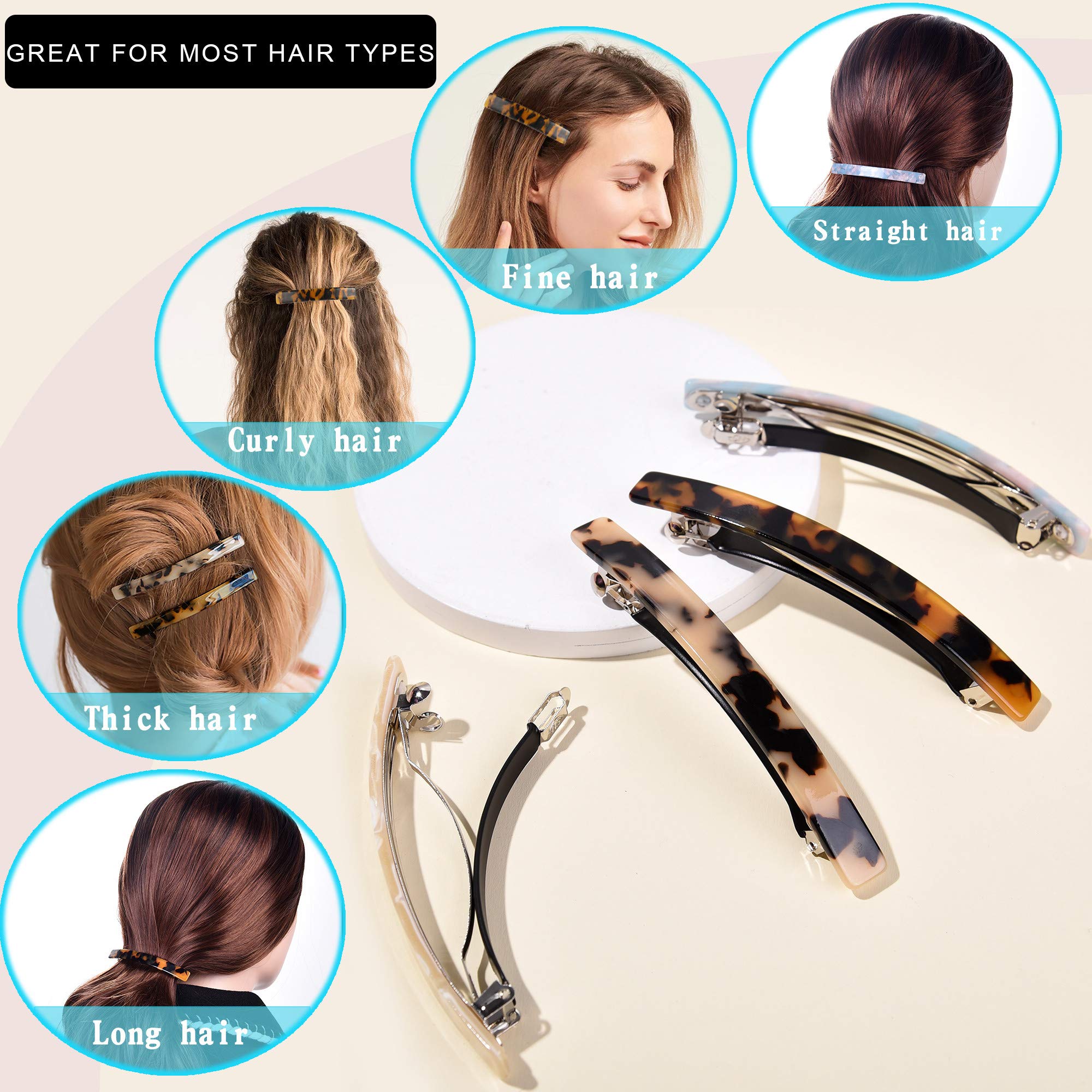 FSMILING Long Skinny Barrettes Hair Clips - Large Automatic Tortoise Shell Hair Slides for Women & Girls (4 Pack) - Perfect for School, Work & Special Occasions