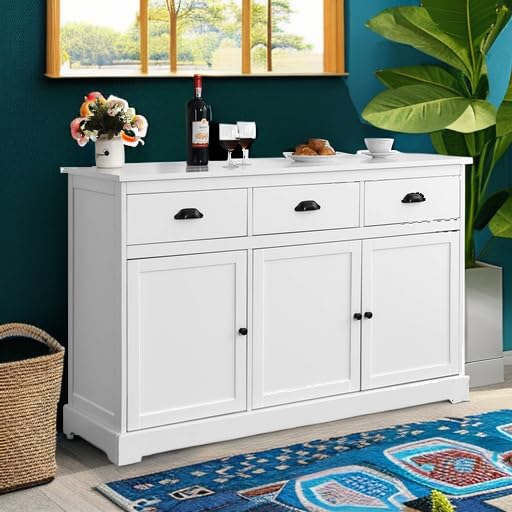 Giantex White Sideboard Buffet Server - 2 Cabinets & 3 Drawers Storage Cabinet with Adjustable Shelves for Dining Room, Kitchen, Entryway - Perfect for Home Organization & Entertaining Guests