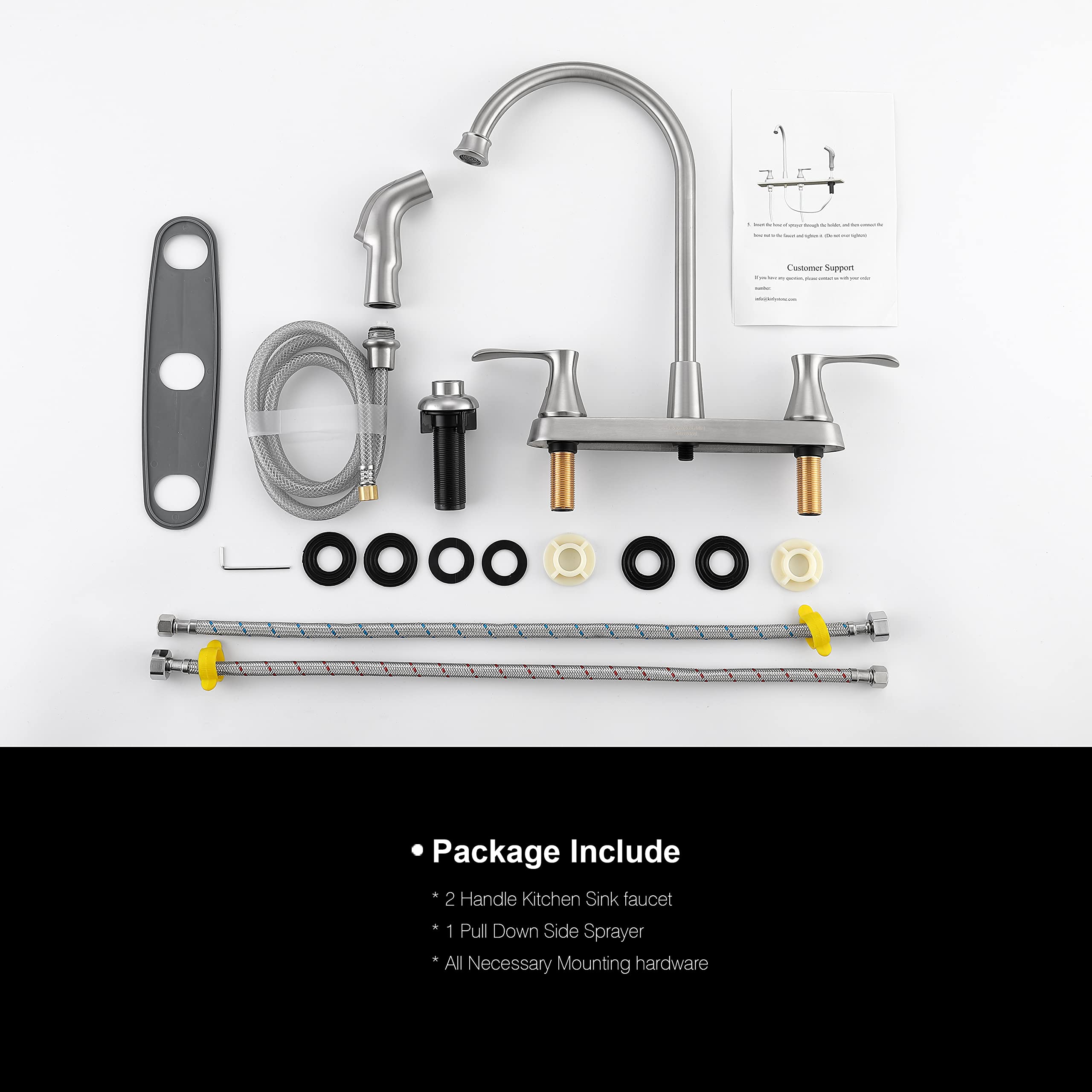 Brushed Nickel 2-Handle Kitchen Faucet with Side Sprayer - 4 Hole Mount for Sink | Perfect for Modern Kitchens, Dishwashing & Food Prep
