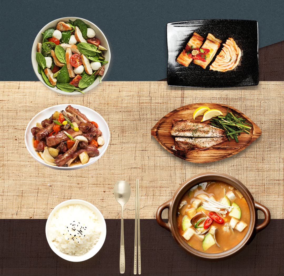 Premium Korean Metal Chopsticks and Spoon Set - Stainless Steel with Titanium Gold Plating & Hangul Characters - Perfect for Asian Dining, Gifts, and Home Decor
