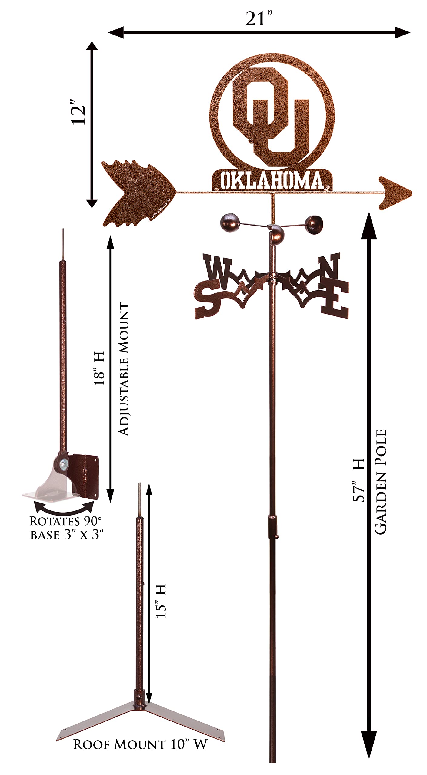 SWEN Oklahoma Sooner Weathervane with Garden Stake - Durable Outdoor Decor for College Football Fans, Perfect for Yard, Garden, or Tailgating Parties