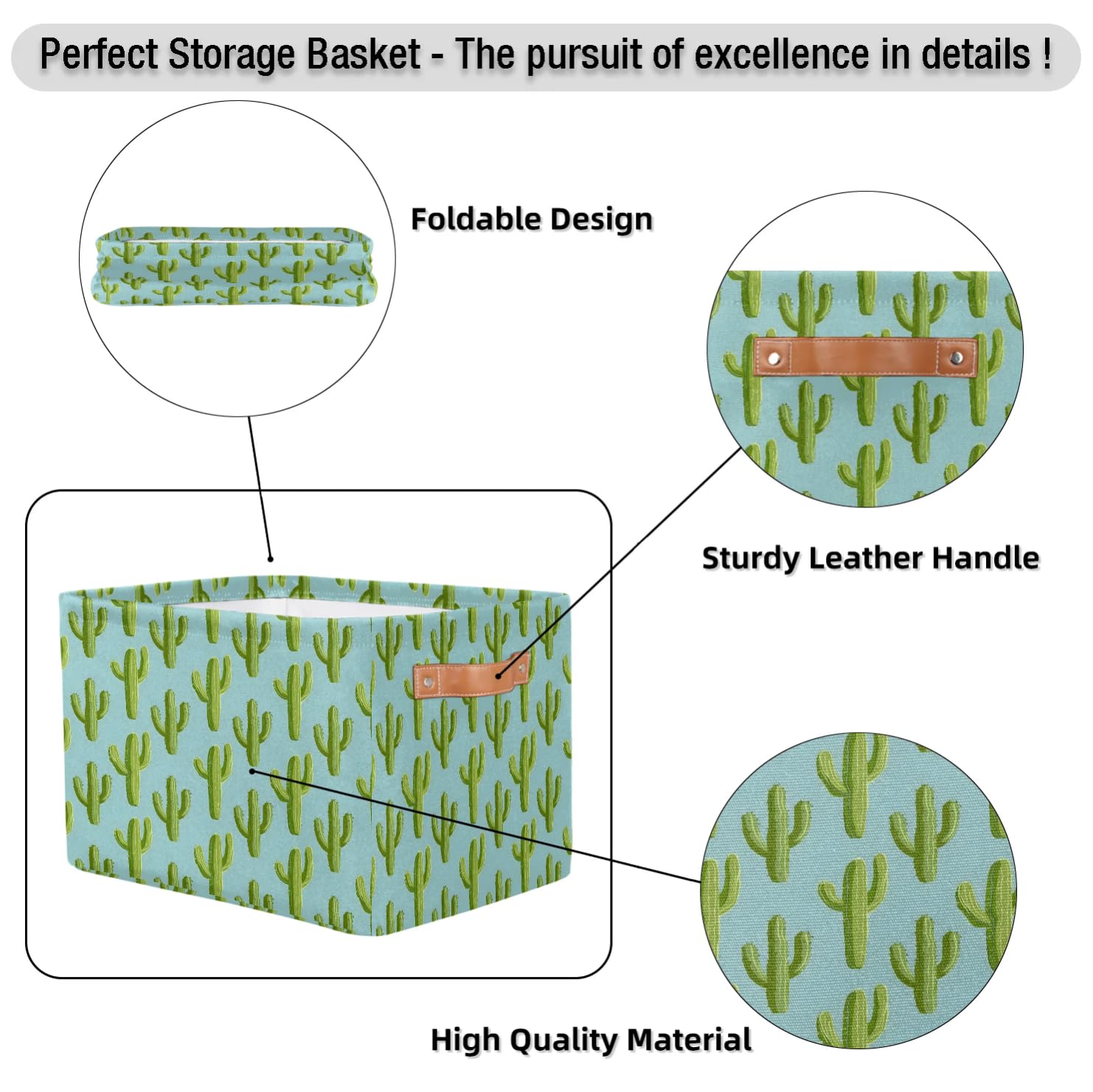 Green Cactus Large Storage Baskets - 2 Pack Fabric Closet Organizers with Handles, Decorative Collapsible Shelving Bins for Home Organization | Perfect for Clothes, Toys & Bedroom Storage