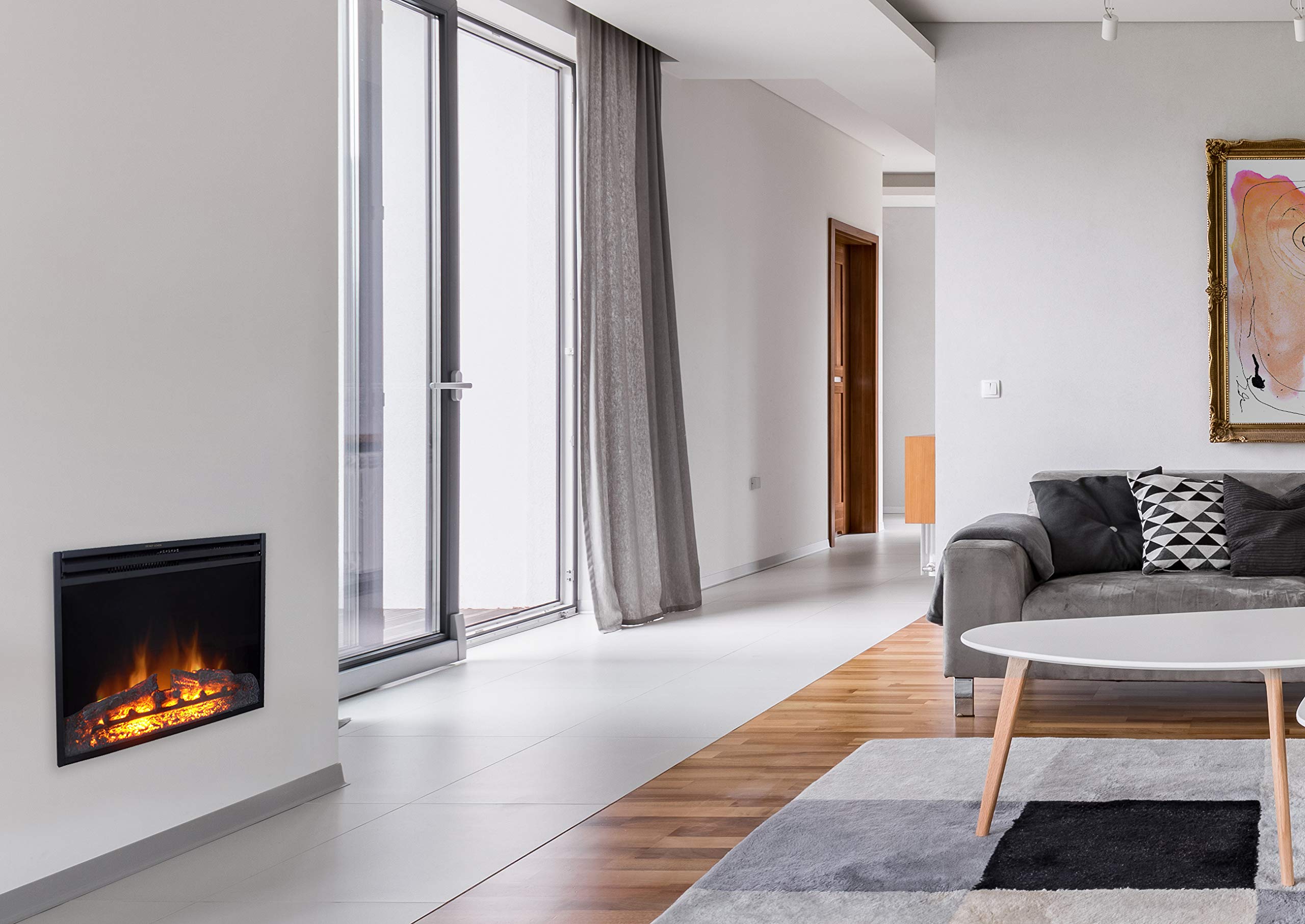 Cambridge 23'' Freestanding Electric Fireplace Insert with Remote Control - Heats Rooms up to 210 Sq.Ft - Adjustable Heat Settings & 9-Hour Timer - Realistic Log Flame Effect - Perfect for Living Rooms, Bedrooms & Offices (Black)