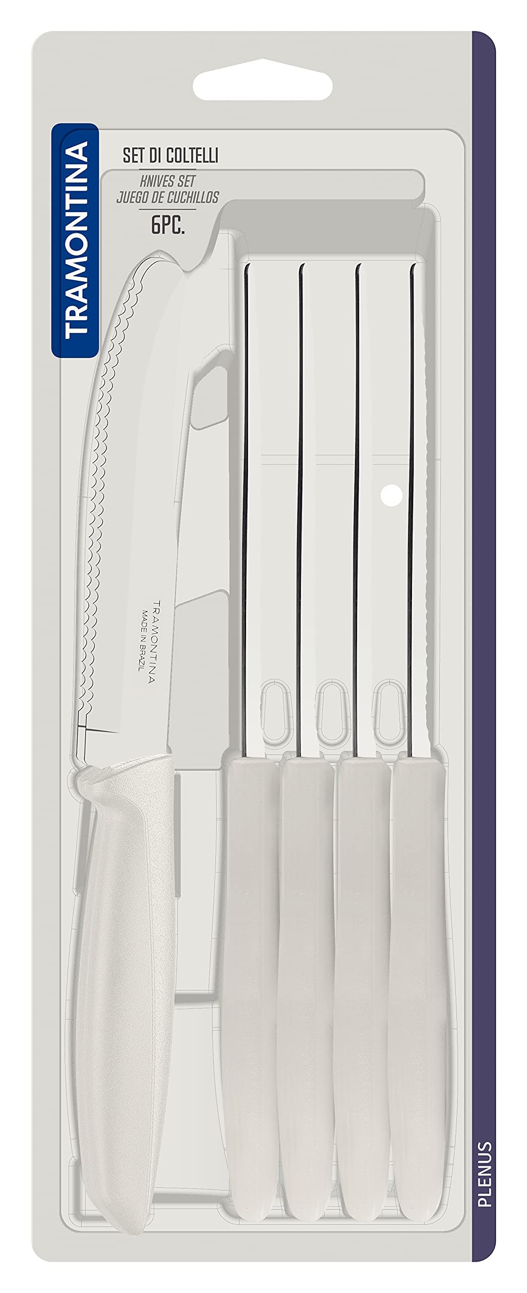Tramontina 6-Piece Kitchen Knife Set - Stainless Steel Serrated Fruit & Tomato Knife, Vegetable Chopper & Peeler - Multipurpose Rounded Tip White Knives (23498355) for Cooking, Meal Prep & Home Kitchen Use