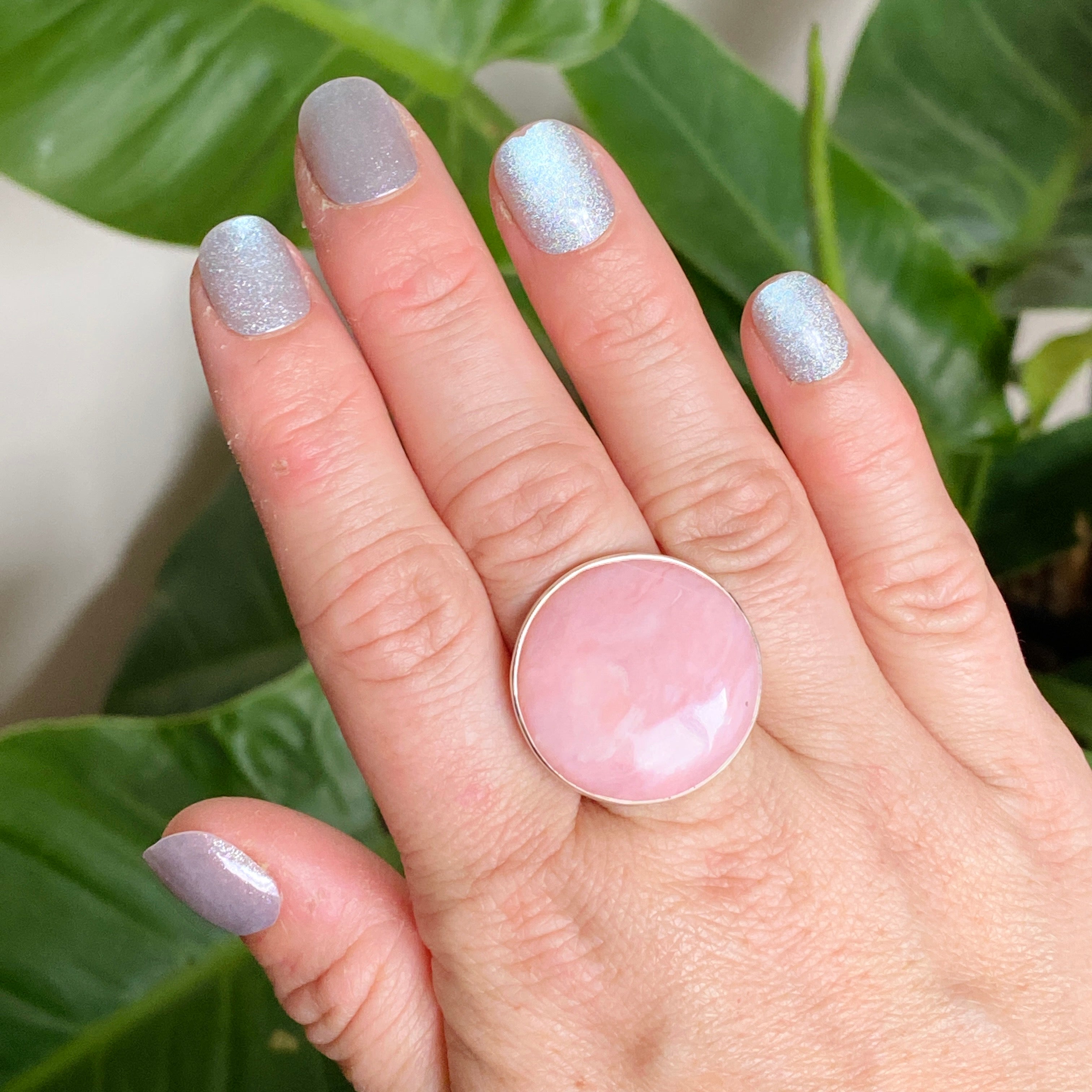 Pink Opal Round Cabochon Ring - Hammered Sterling Silver Size 9.5 (KRGJ3305) | Elegant Boho Jewelry for Women, Perfect for Everyday Wear & Special Occasions