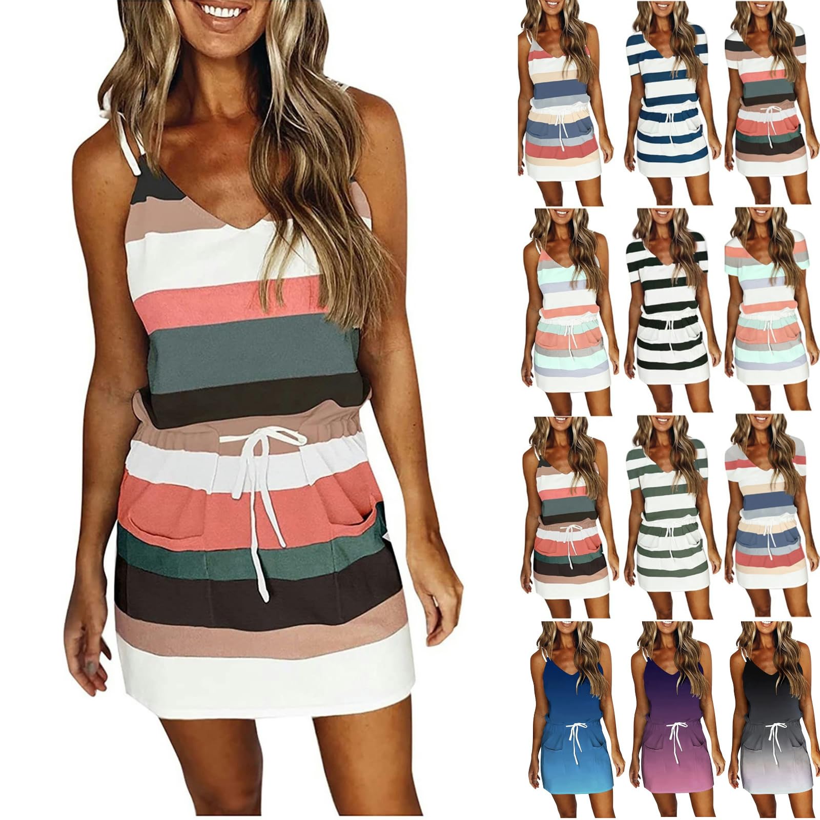 Women's Stripe Printed Tie Waist Casual Mini Dress - V Neck Sleeveless Loose Boho Sundress for Summer | Perfect for Beach Vacations, Picnics & Date Nights