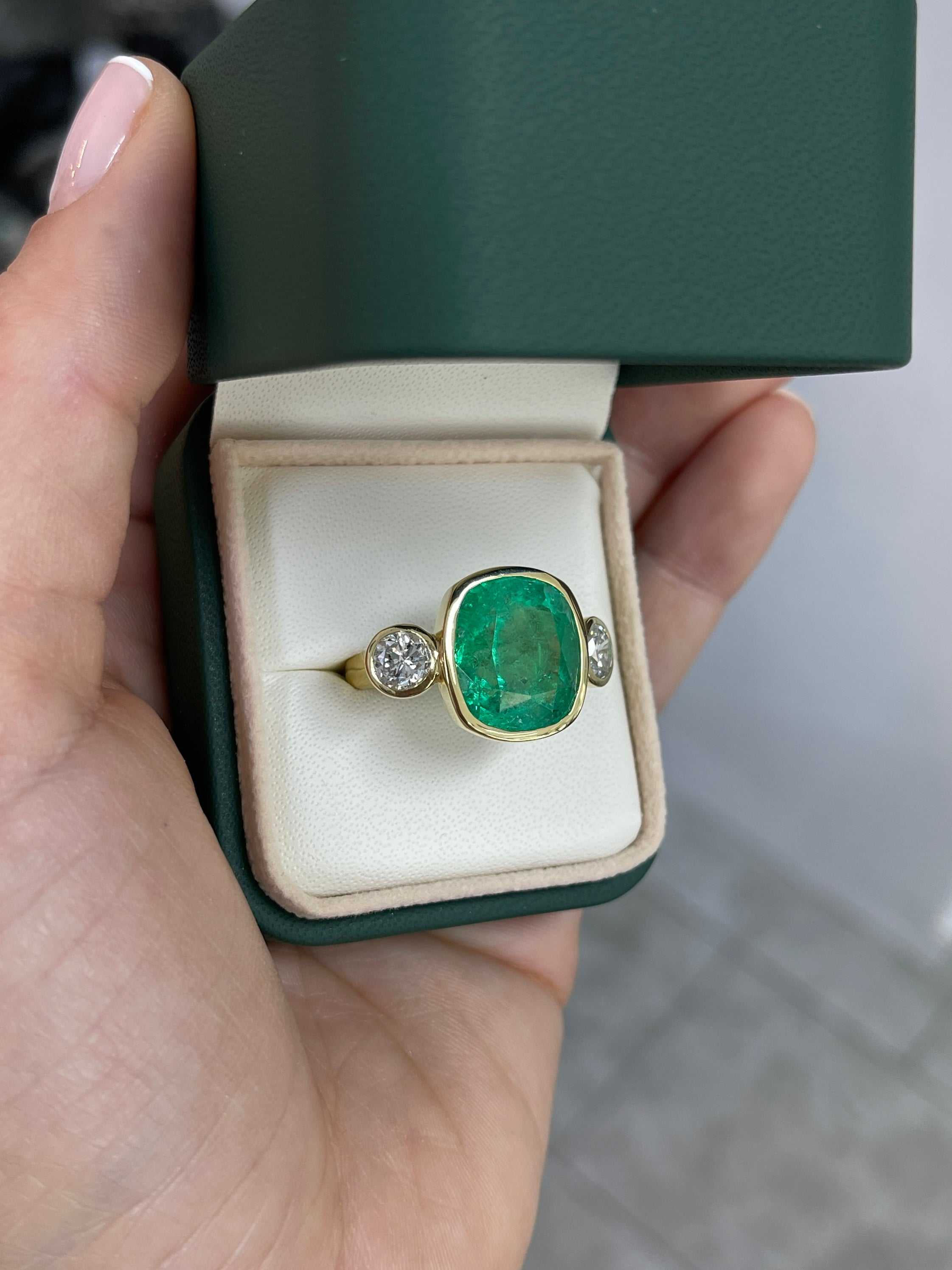 14.20tcw Colombian Emerald Cushion Cut & Diamond Bezel Three Stone Statement Ring in 18K Gold - Elegant Jewelry for Weddings, Anniversaries & Special Occasions