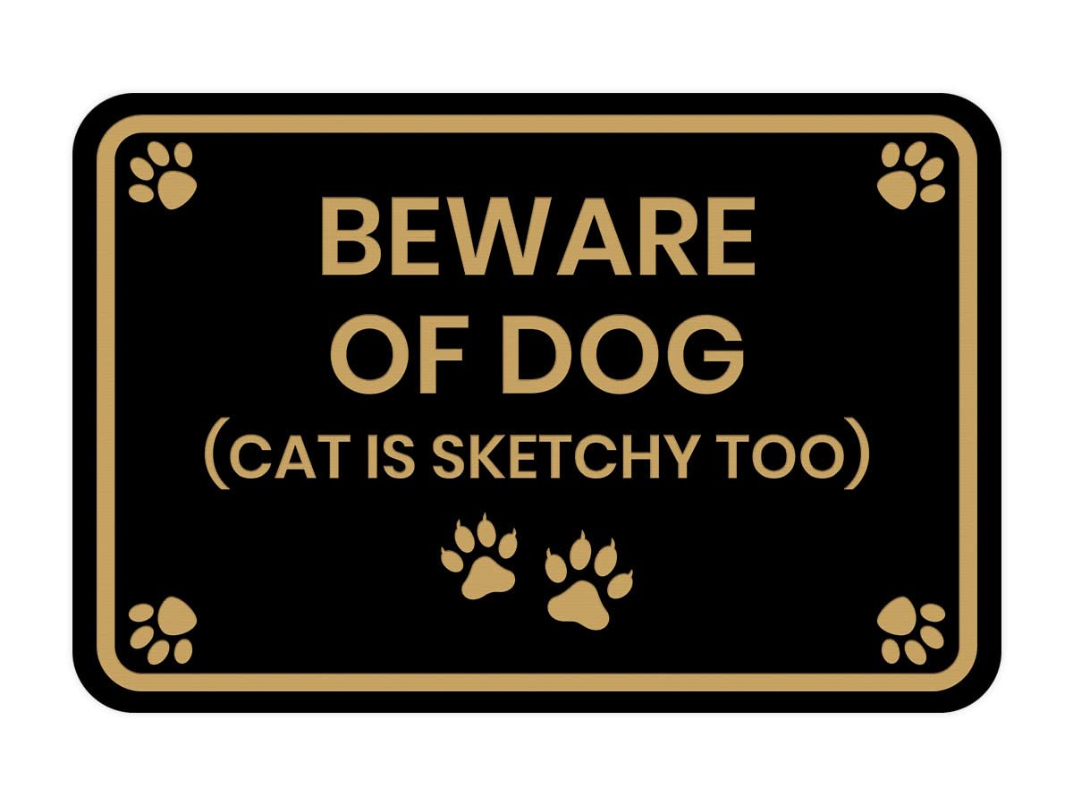Vintage Black & Gold 'Beware of Dog' Metal Sign with Cat Design - Classic Framed Pet Warning Sign for Home, Yard & Office Decor